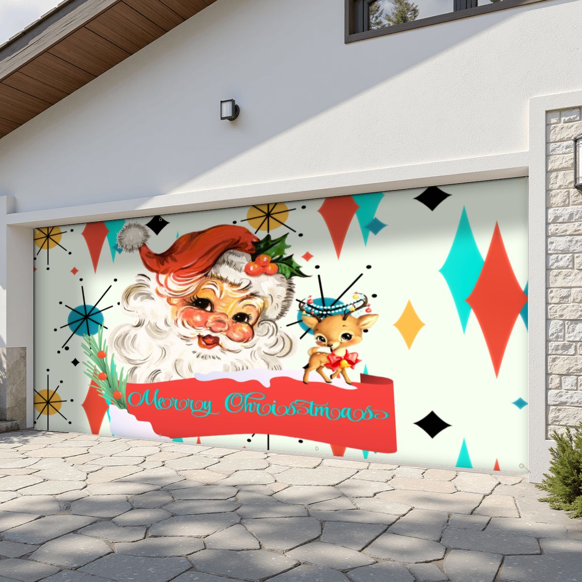 Vintage Smiling Santa, Reindeer Merry Christmas Retro Christmas Franciscan Starburst Garage Door Banner Backdrop - Mid Century Modern Gal