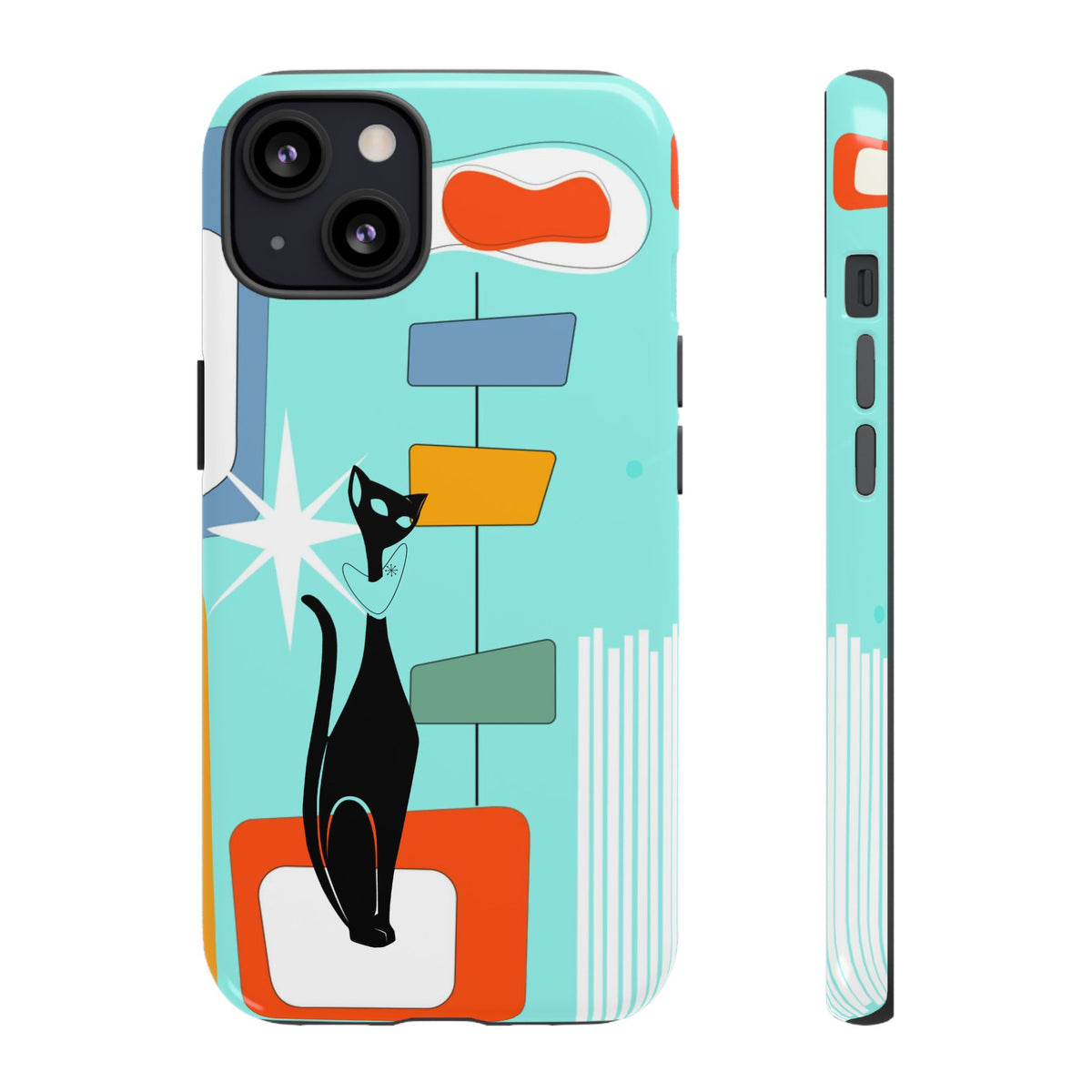Atomic Cat, Mid Mod Aqua Blue, Geometric, Samsung, Google Pixel, Apple iPhone Tough Cases - Mid Century Modern Gal