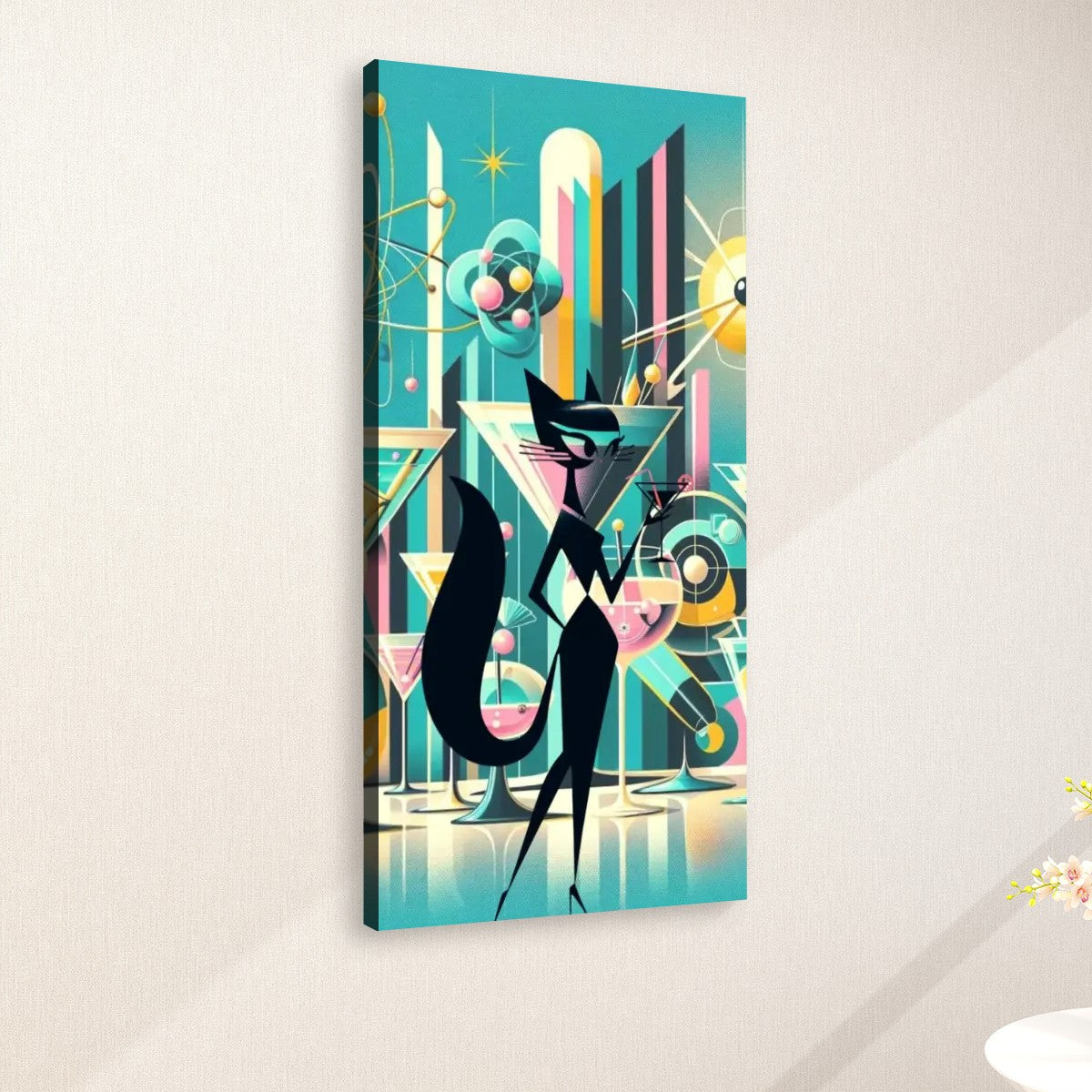 Atomic Cat Mid Century Modern Wall Art, Sexy Sexton Martini Barware Mod Wall Art - Mid Century Modern Gal