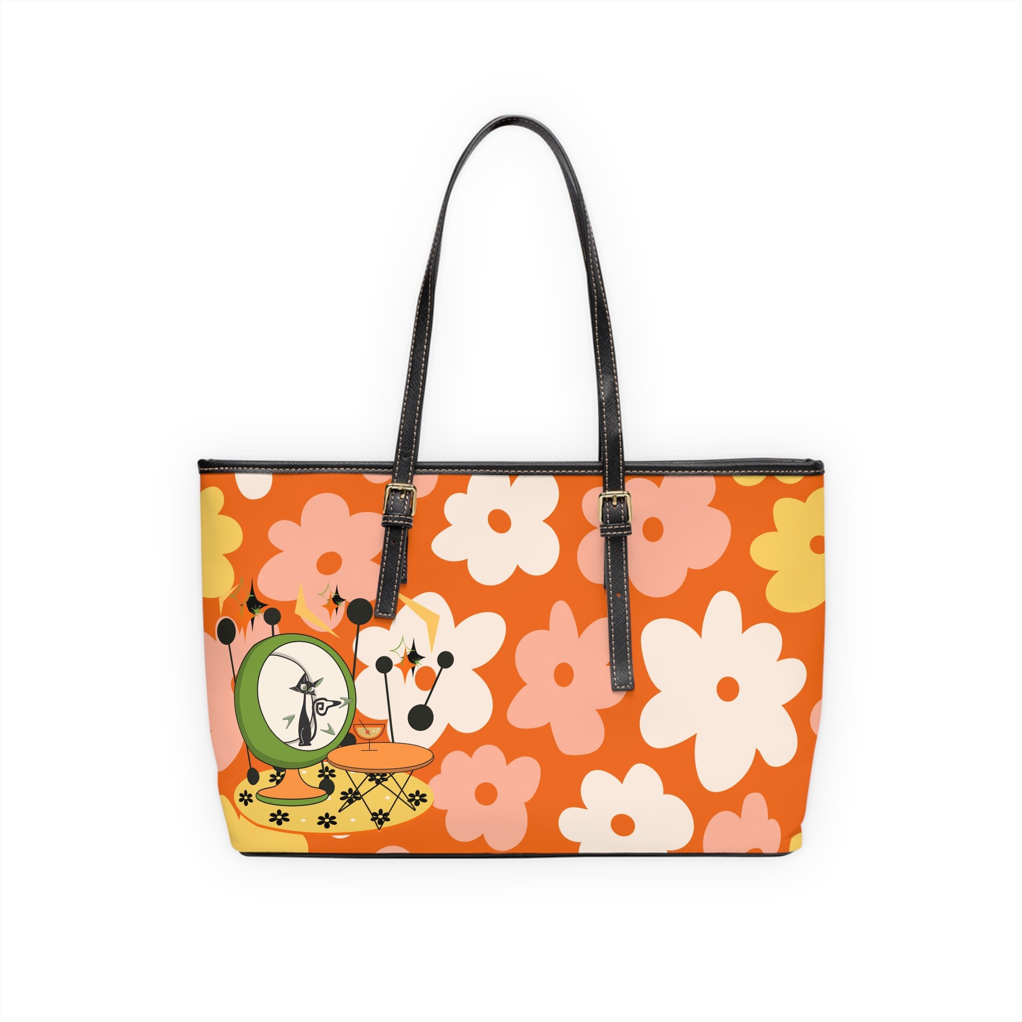 Atomic Cat Handbag, Shoulder Bag, Retro Summer Vibes Funky Floral Stylish Tote for Everyday Use - Mid Century Modern Gal