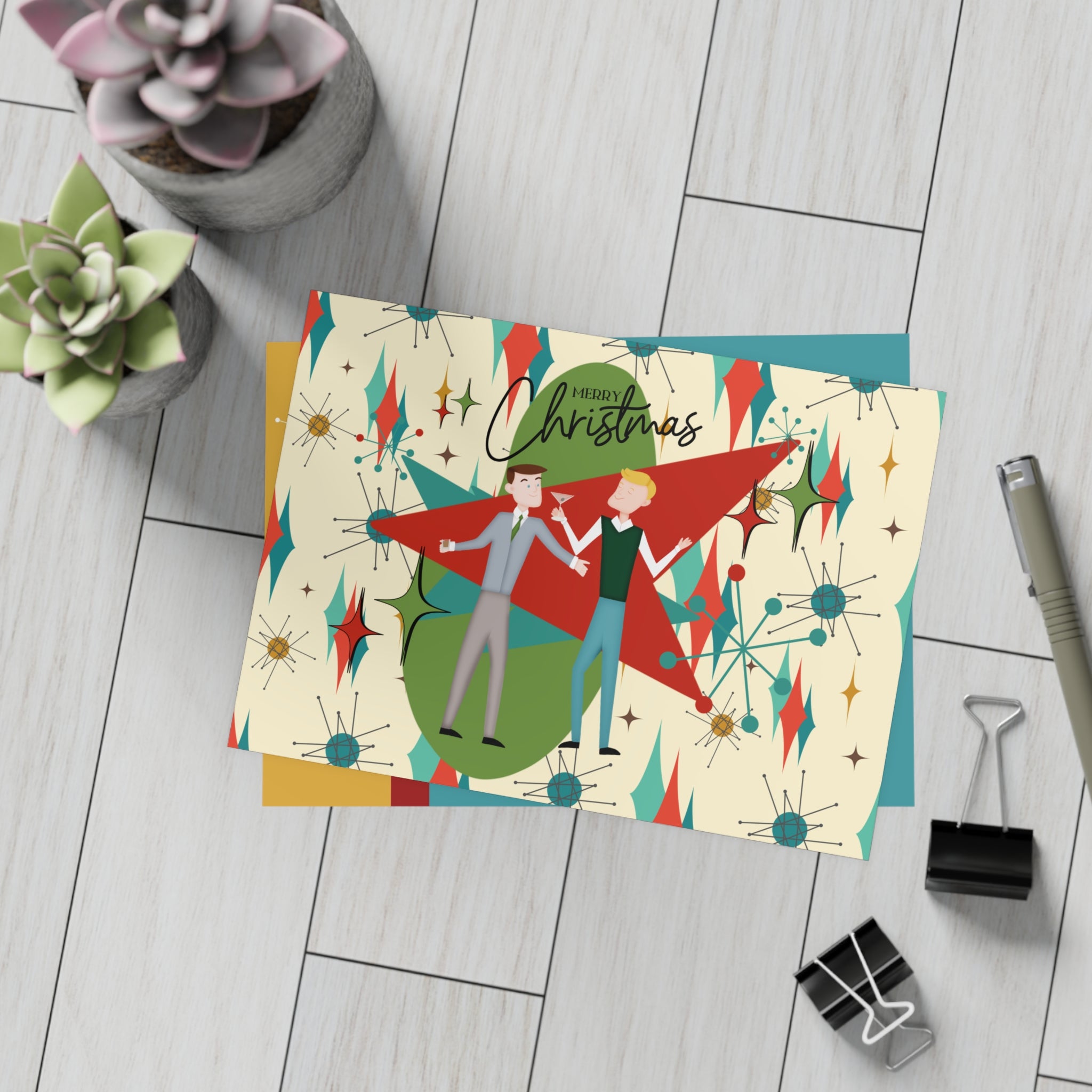 Gay Male Christmas Cards, Mid Century Modern Diamond Starburst Kitschy Fun Christmas Cards - Mid Century Modern Gal