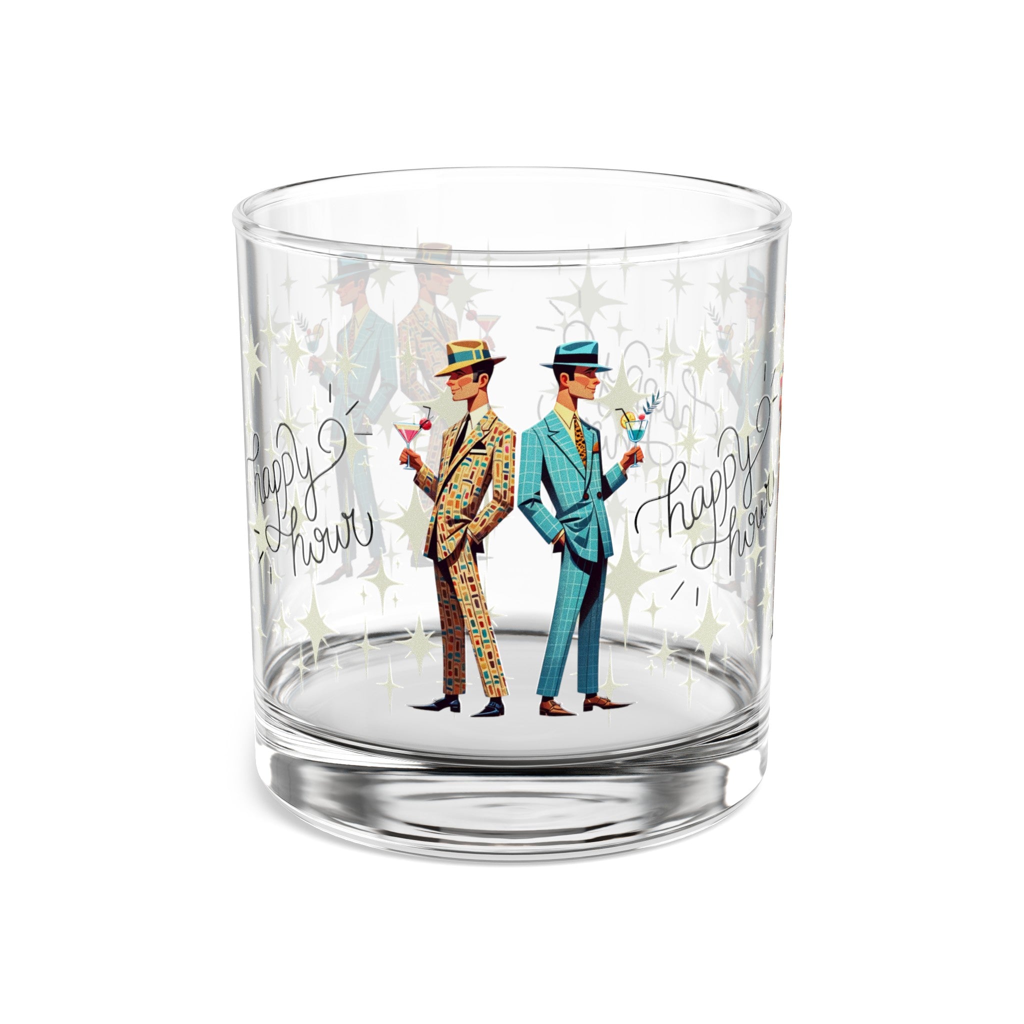 Mid Century Dapper Dudes, Gay Male Couple, Atomic Starburst Happy Hour Rock Glass, 10oz - Mid Century Modern Gal