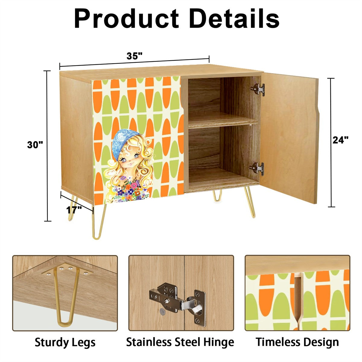 Retro 60s 70s Big Eyed Girl Mid Mod Orange Green Mid Century Modern Wooden Storage Cabinet - Mid Century Modern Gal