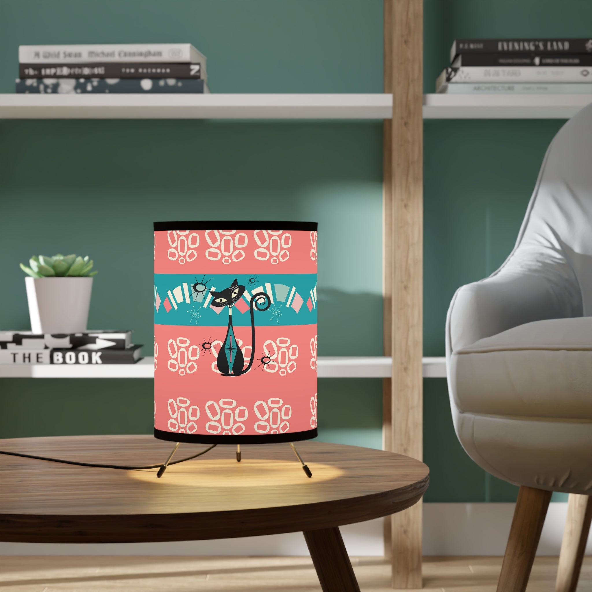 Atomic Cat Kitschy Coral, Teal, Mid Century Modern Tripod Desk, Office, LR, Kitchen Lamp - Mid Century Modern Gal