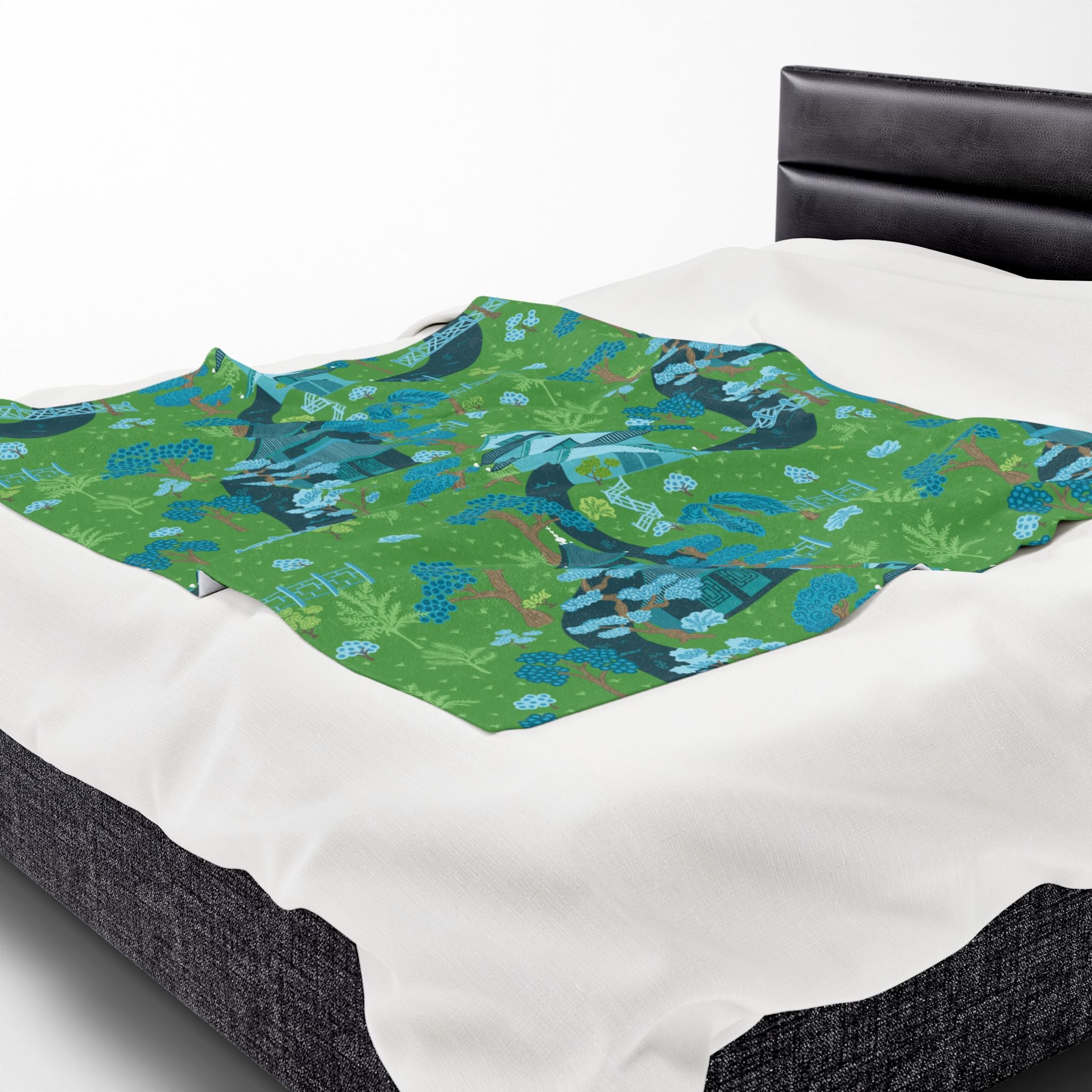 Chinoiserie Throw Blanket, Green, Blue Serene Garden Velveteen Plush Blanket - Cozy Floral Design - Mid Century Modern Gal