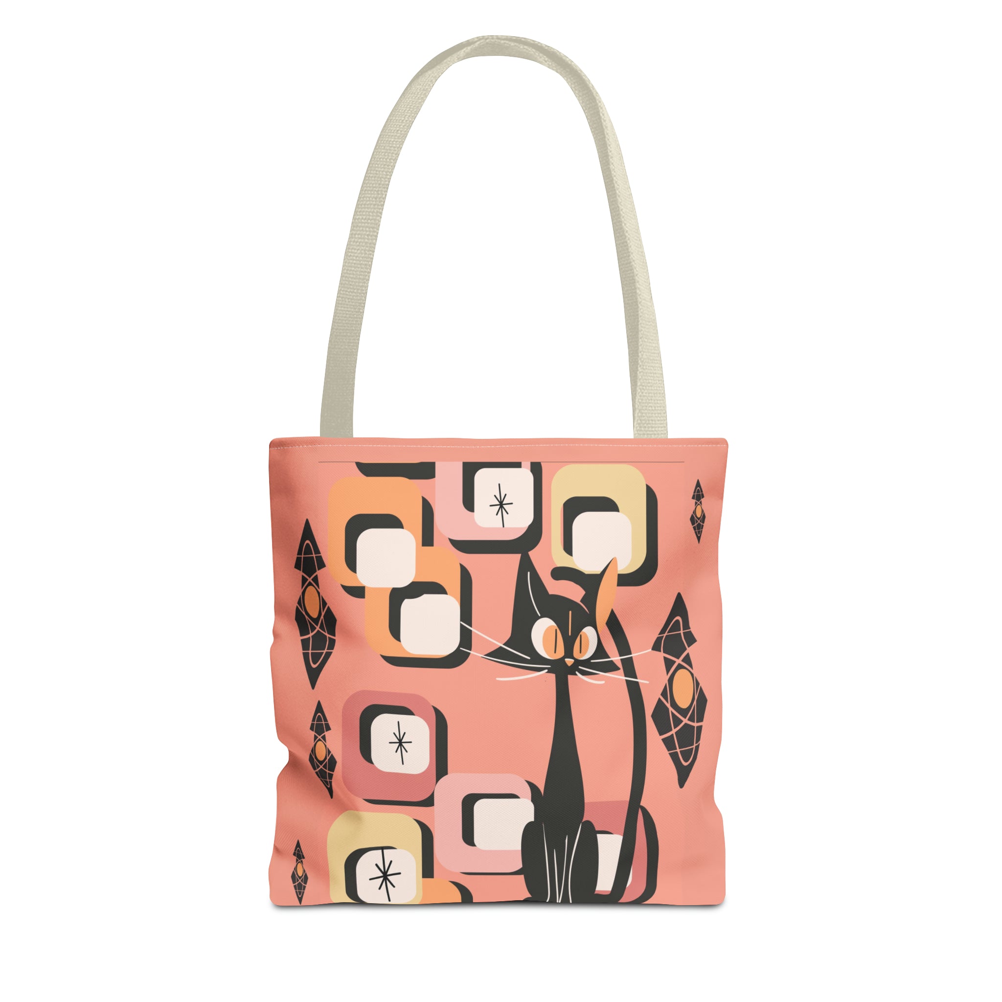 Atomic Cat Tote Bag, Coral Color, Mid Century Modern Geometric Designs, Mid Mod Retro Apparel