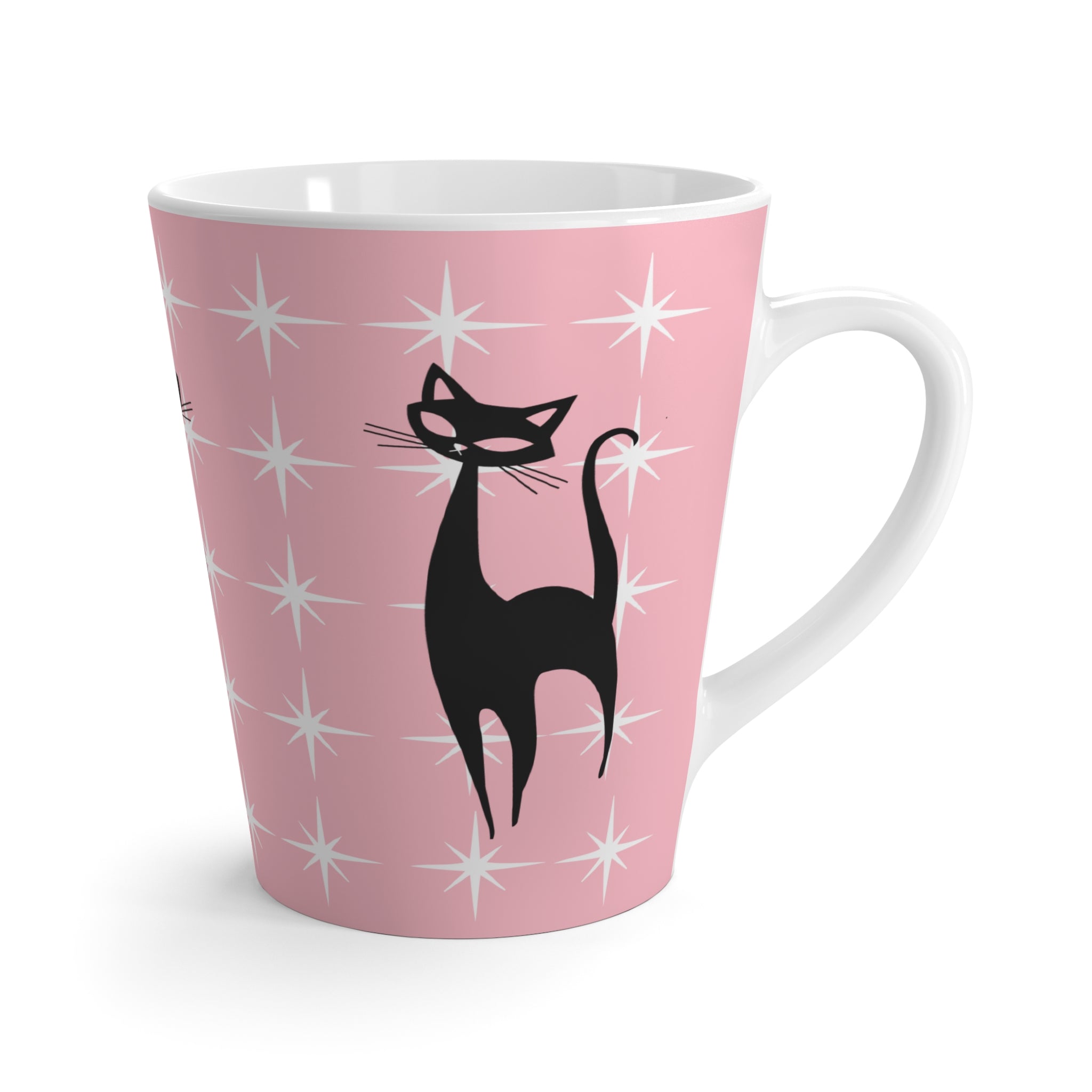 Pink Atomic Stabrust Kitschy Cat Chic Cat Latte Mug - Pink Starry Design for Cat Lovers - Mid Century Modern Gal