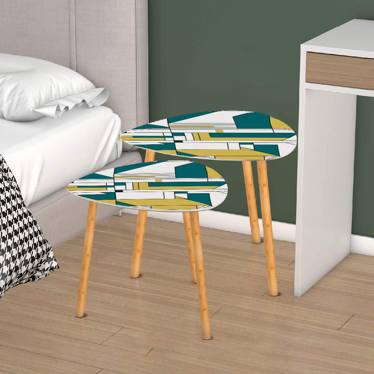 High Moderism International Style Bauhuas Mod Nesting Tables, Teal Green Motif - Mid Century Modern Gal