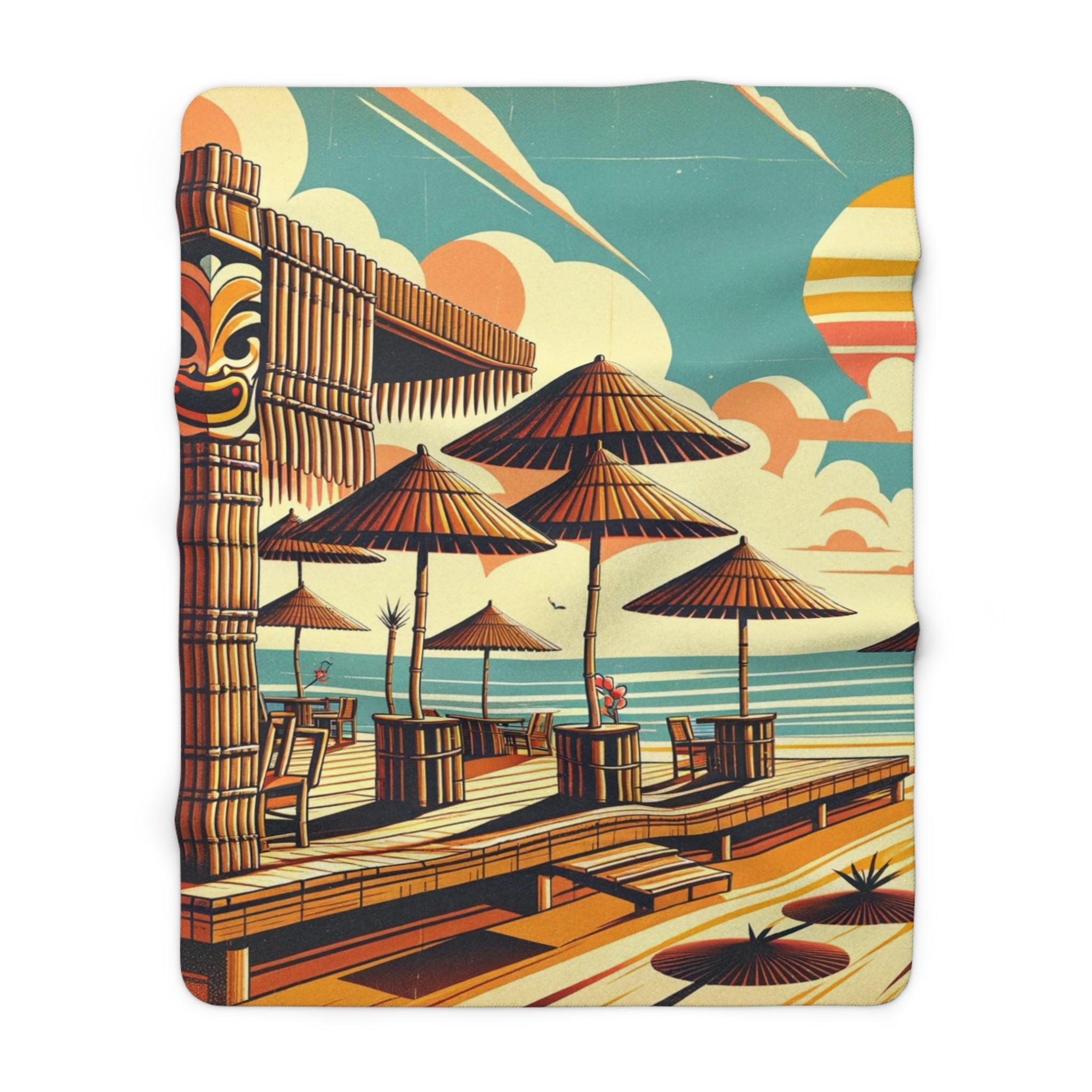 Mid Century Modern Retro Tiki Idol, Tiki Bar, Sunset Beach, MCM Sherpa Fleece Blanket - Mid Century Modern Gal