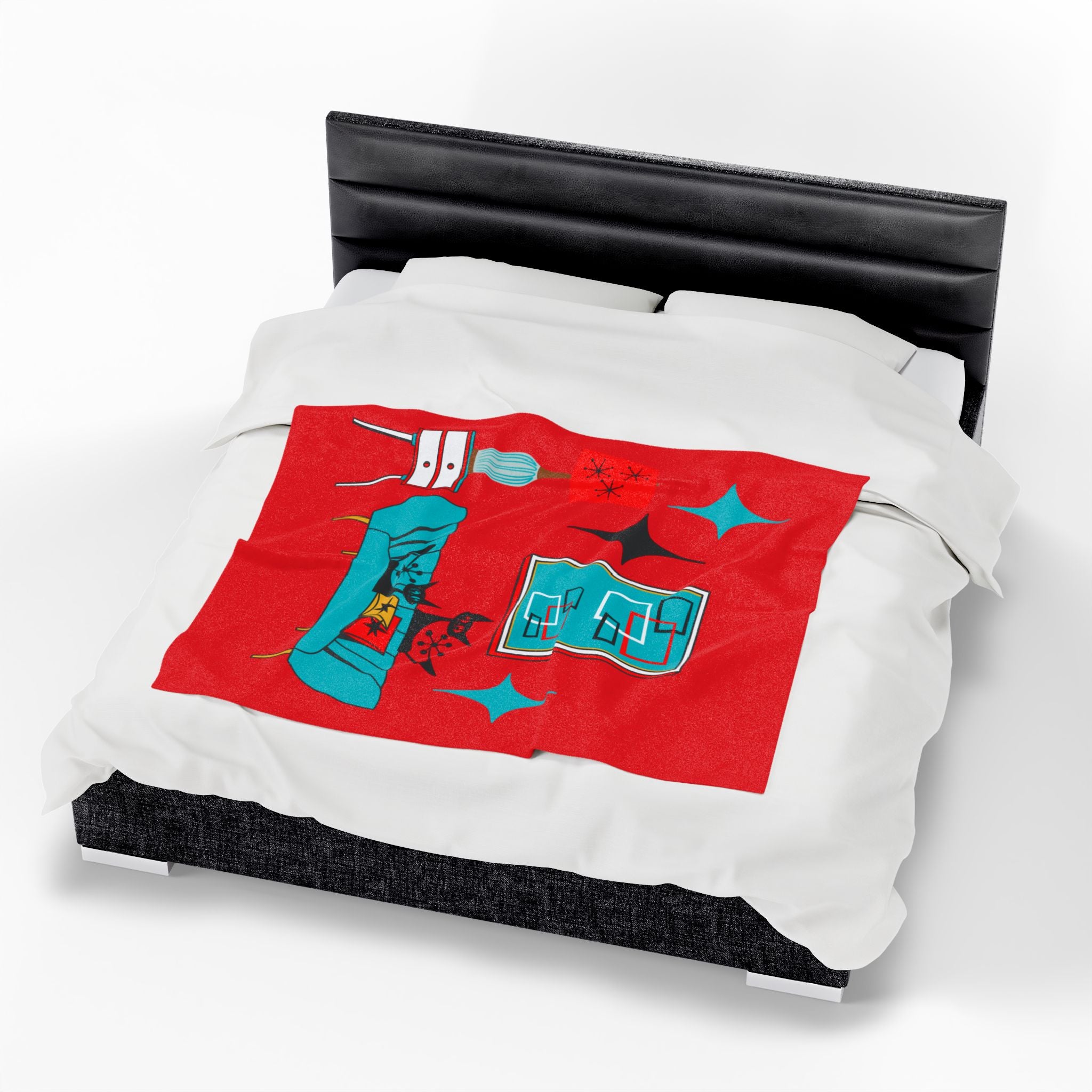 Atomic Cat Art, Cozy Mid Century Modern, Retro Red, Aqua Blue, Teal, Starburst, Black Cat Lover Sherpa Blanket - Mid Century Modern Gal