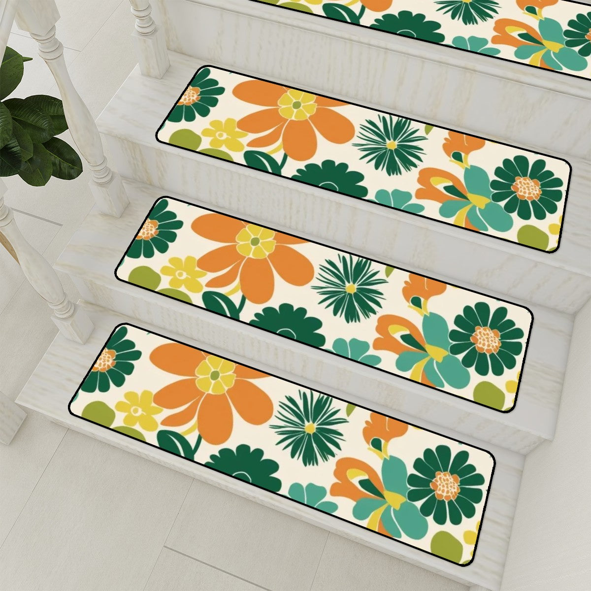 Retro Flower Power 70s Orange, Teal Aqua Floral Non Slip Carpet for Stairs Treads - Mid Century Modern Gal