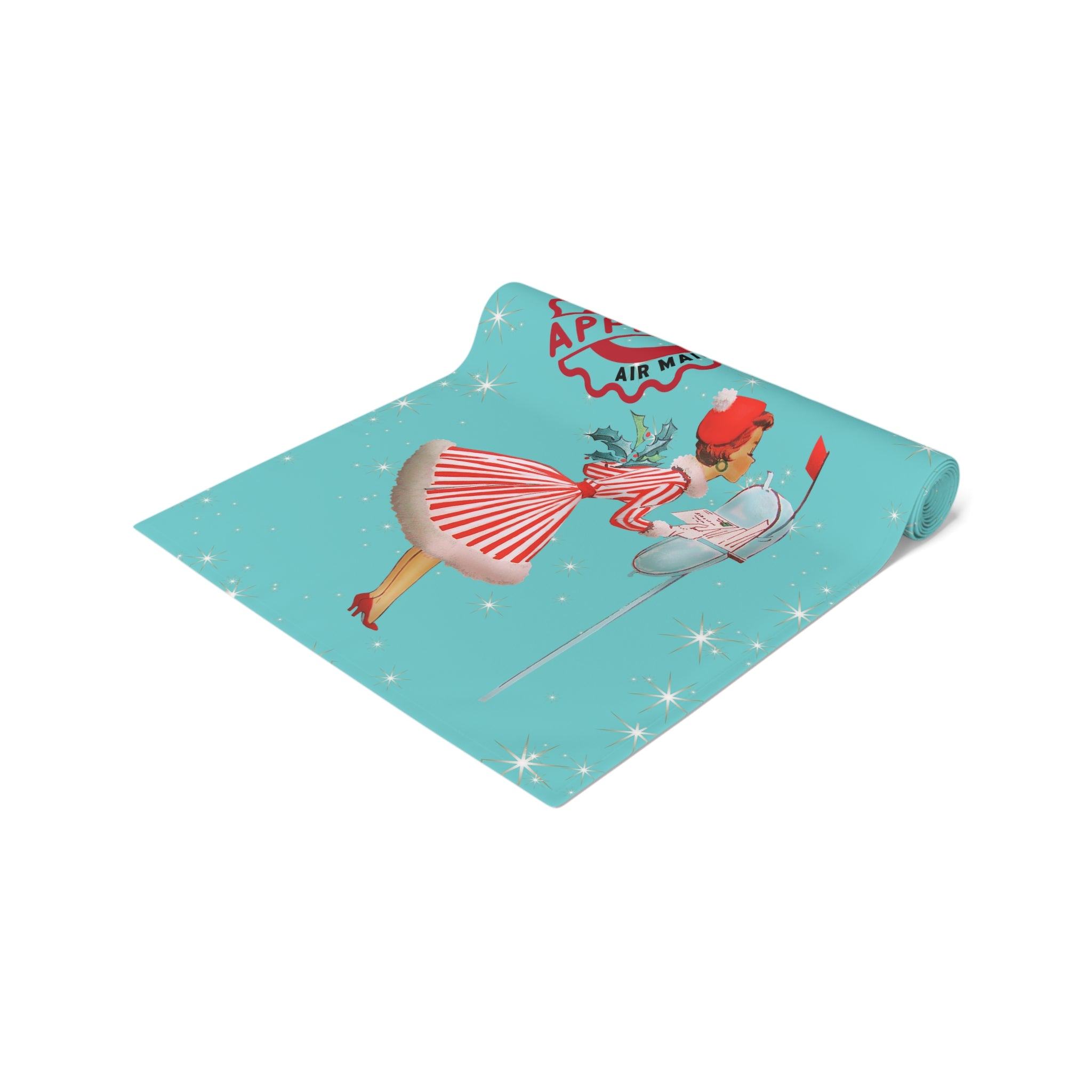 Whimsical 50s Retro Vintage Table Runner, Aqua Blue, North Pole Express, Vintage 50s Gal Holiday Christmas Table Linens - Mid Century Modern Gal