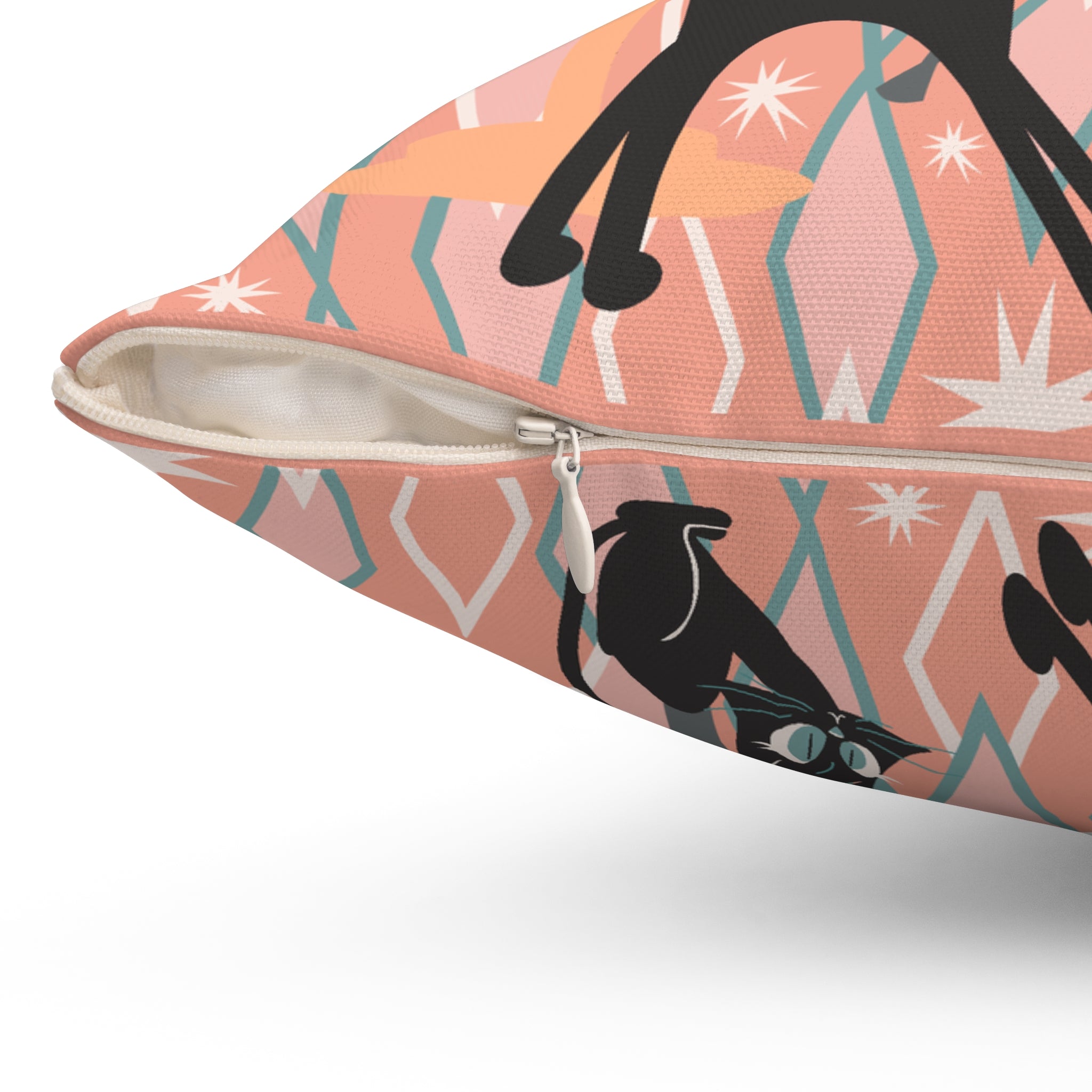 Atomic Cat Pillow, Retro TV, Kitschy Fun, Whimsical Quirky 50s Mid Century Modern Pillow And Insert, Coral Pink, Teal, Creamy Beige - Mid Century Modern Gal