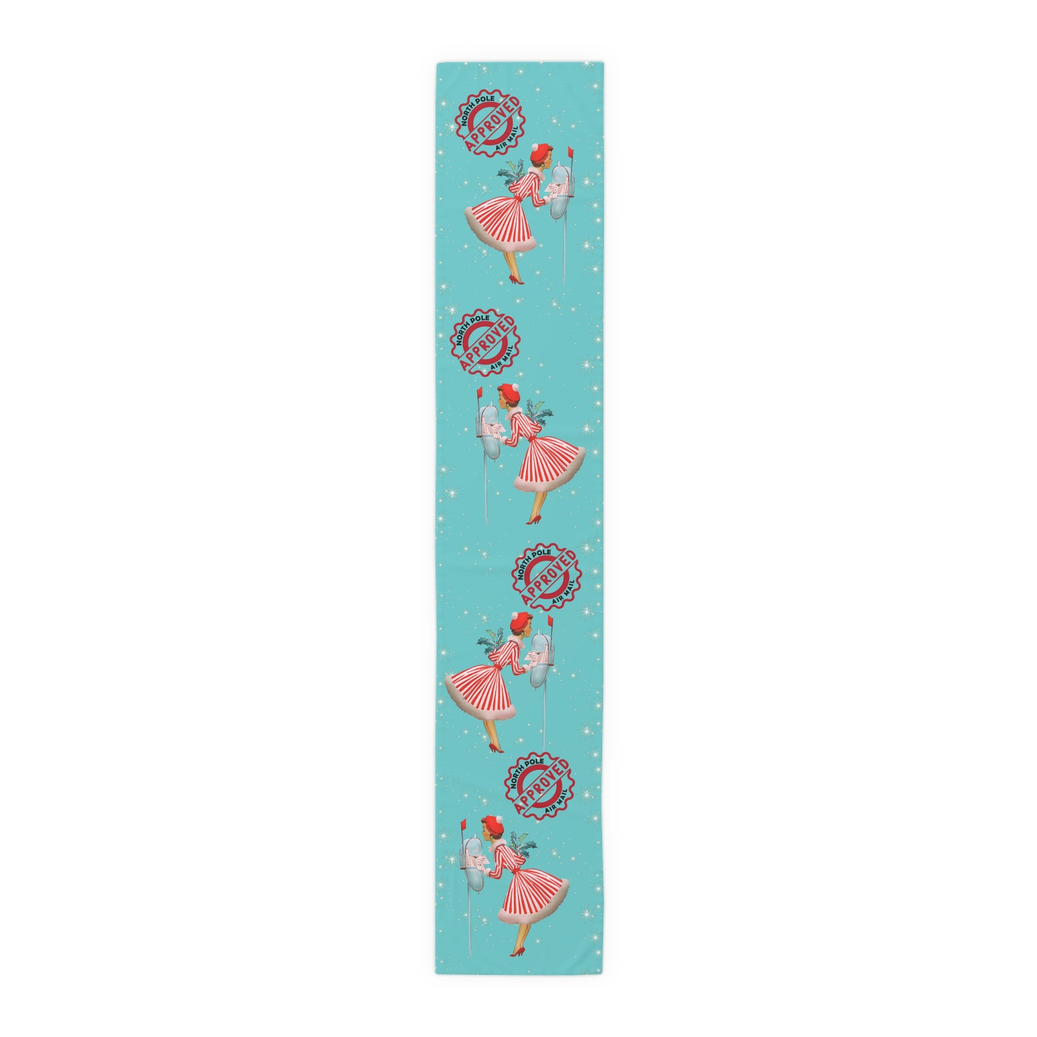 Whimsical 50s Retro Vintage Table Runner, Aqua Blue, North Pole Express, Vintage 50s Gal Holiday Christmas Table Linens - Mid Century Modern Gal