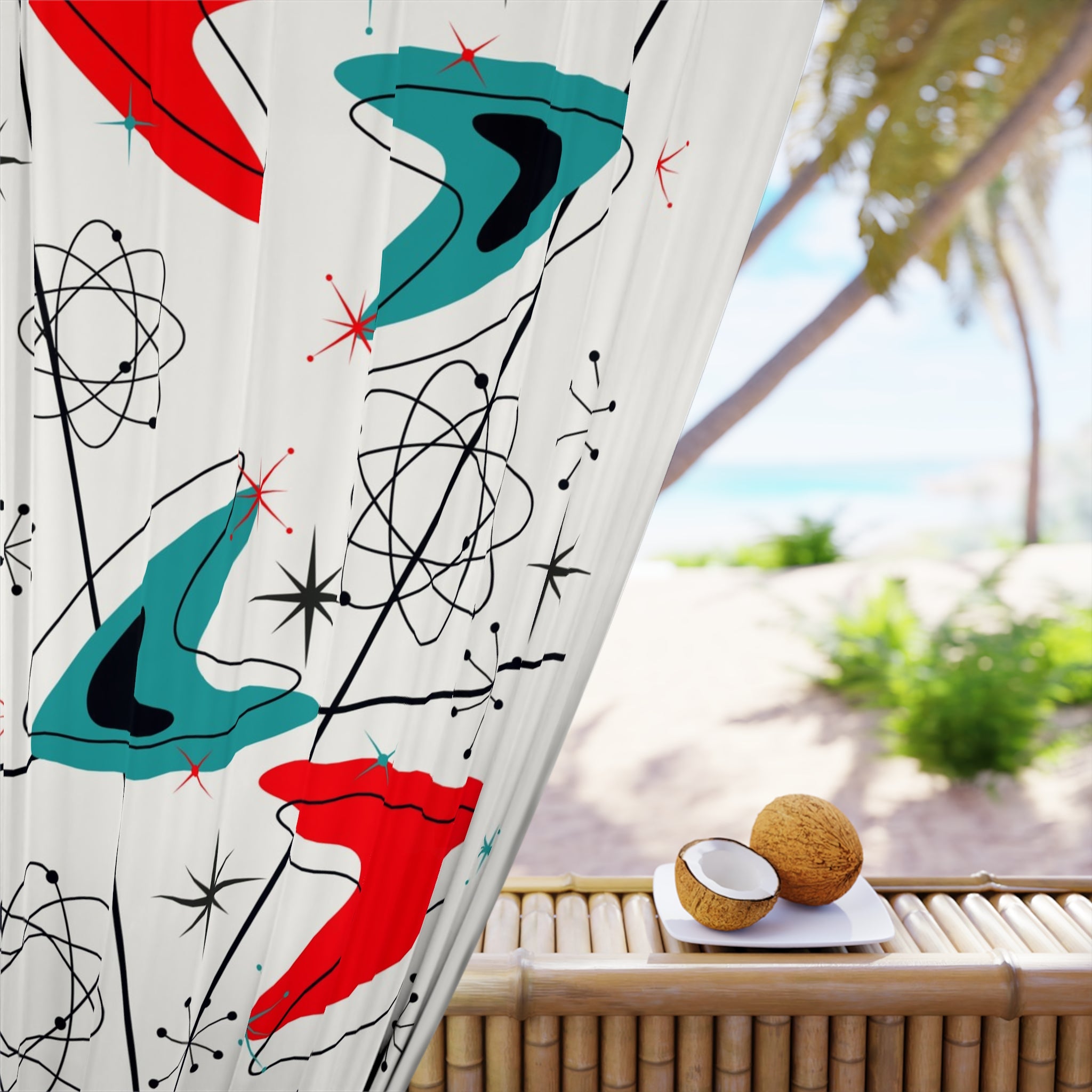 Mid Century Modern Atomic Boomerangs Red, Teal Starburst Retro Futurist Window Curtains (1 Piece) - Mid Century Modern Gal