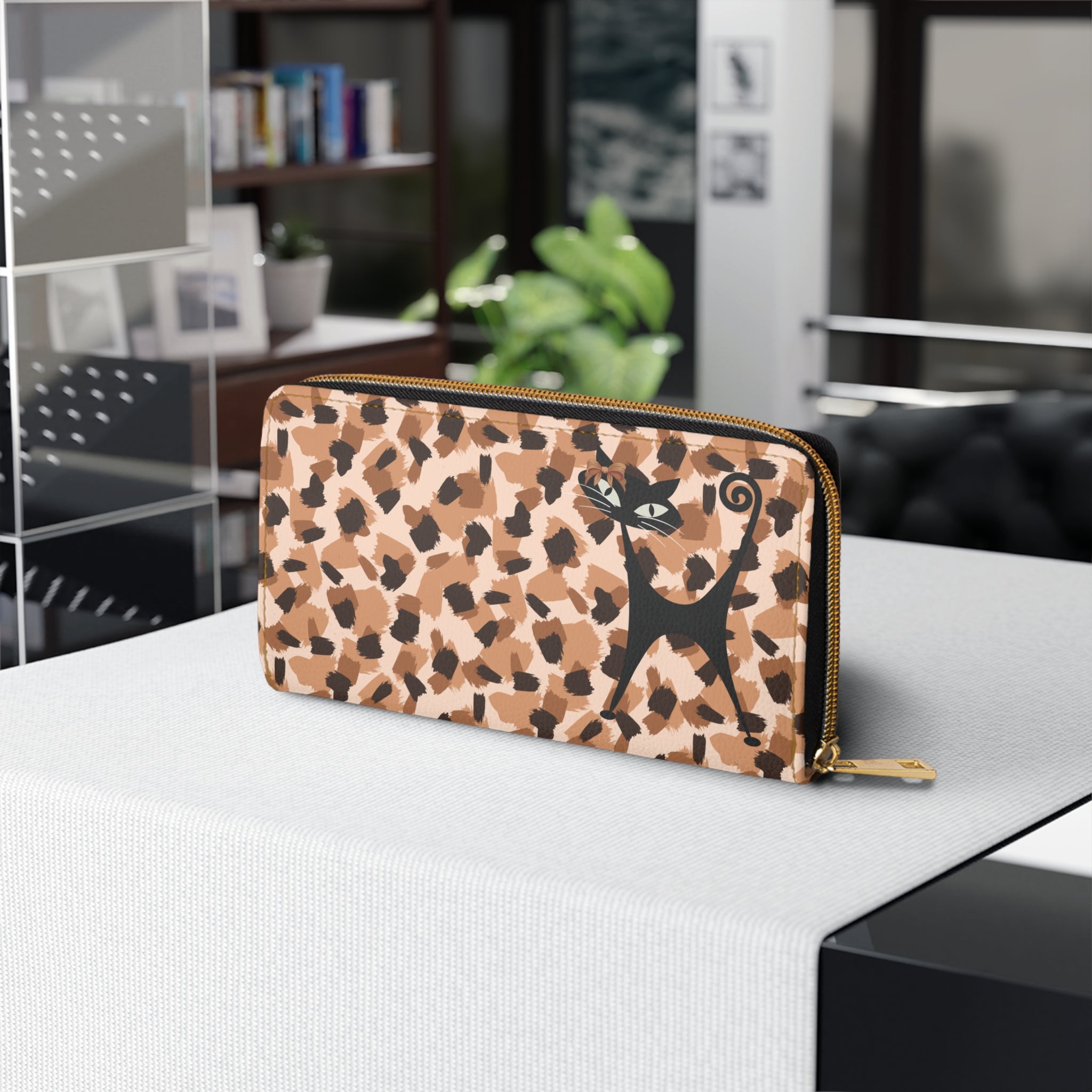 Mid Century Modern Animal Print, Jungle Print Atomic Cat Kitschy Fun Zipper Wallet - Mid Century Modern Gal