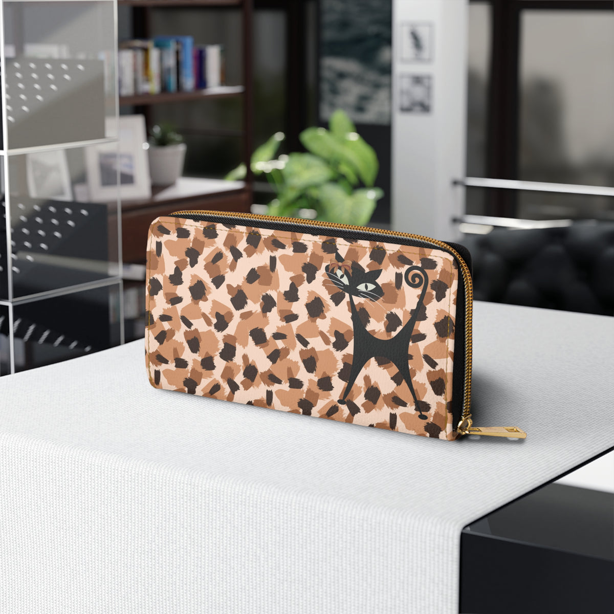 Mid Century Modern Animal Print, Jungle Print Atomic Cat Kitschy Fun Zipper Wallet - Mid Century Modern Gal