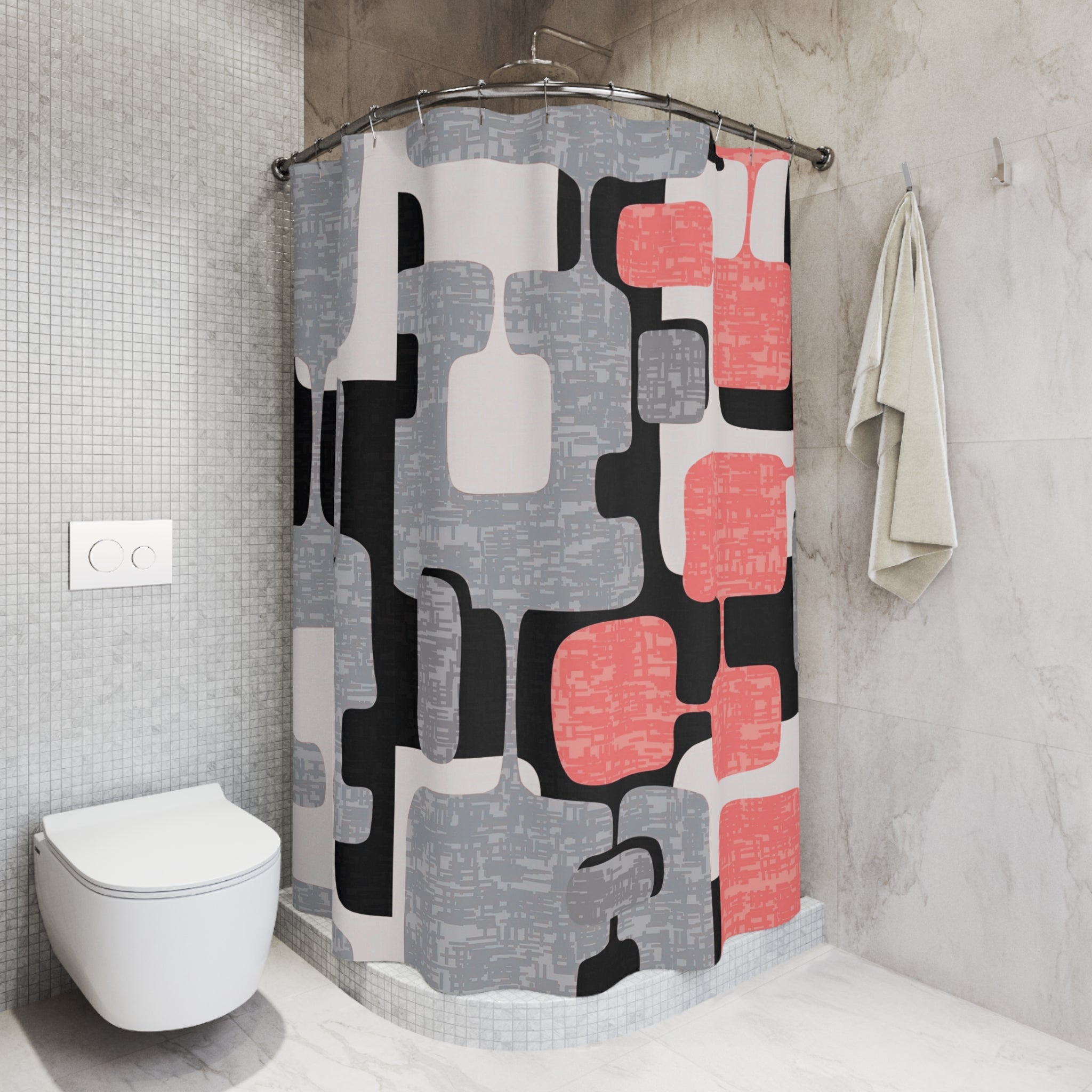 Mid Century Modern Shower Curtain Geometric, Coral Pink, Black, Gray, White, MCM Shower Curtain - Mid Century Modern Gal