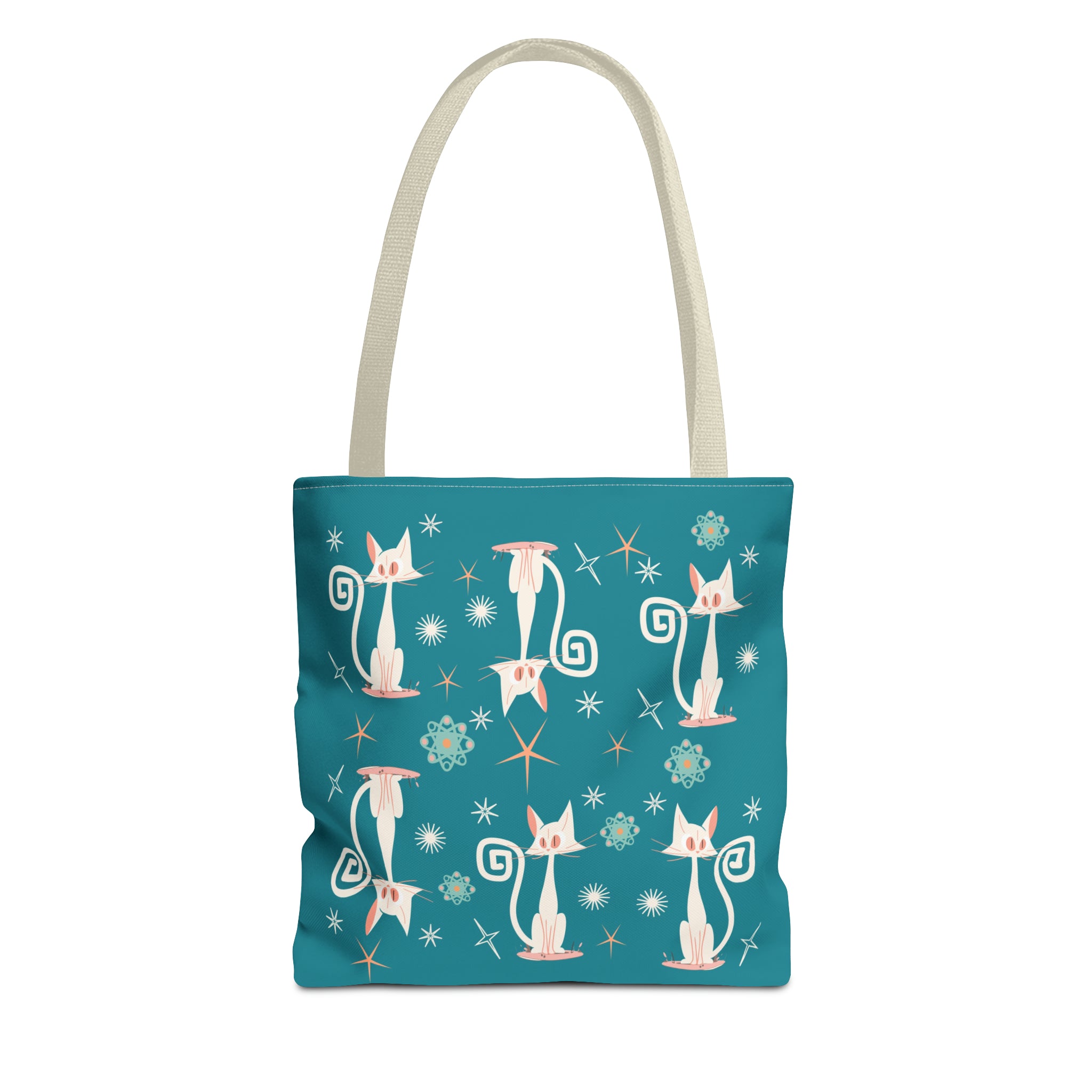 Atomic Kitties, White Kitschy Cats, Coral, Teal, Atomic Age Mid Century Modern Tote Bag