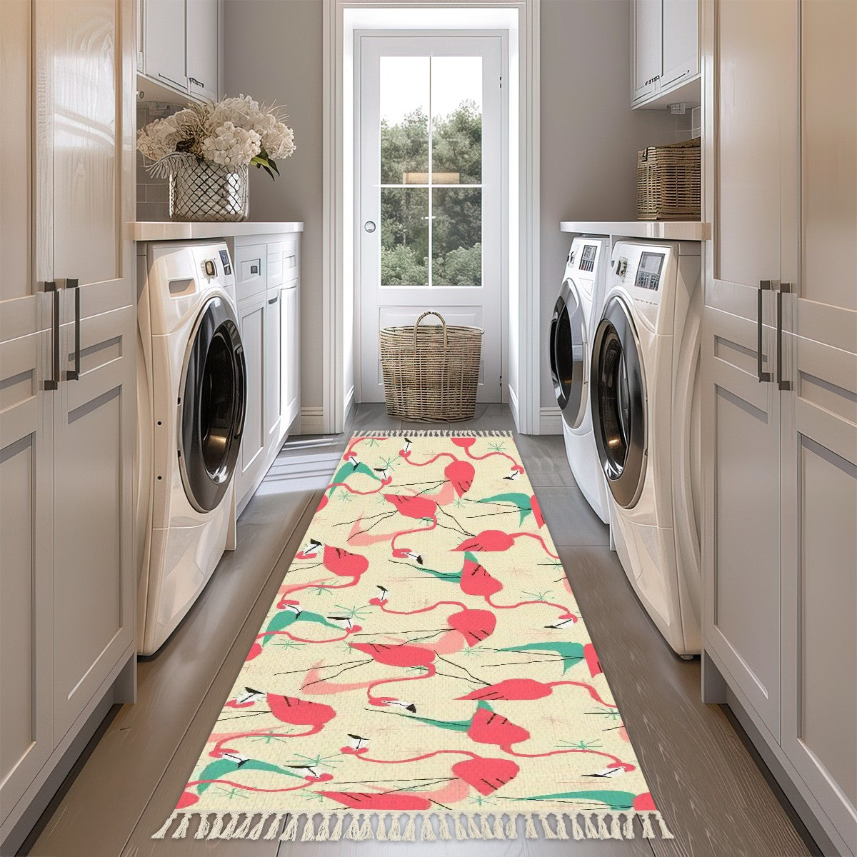 Mid Century Modern Kitschy Fun Dancing Flamingos Rug Runner With Tassels - Mid Century Modern Gal