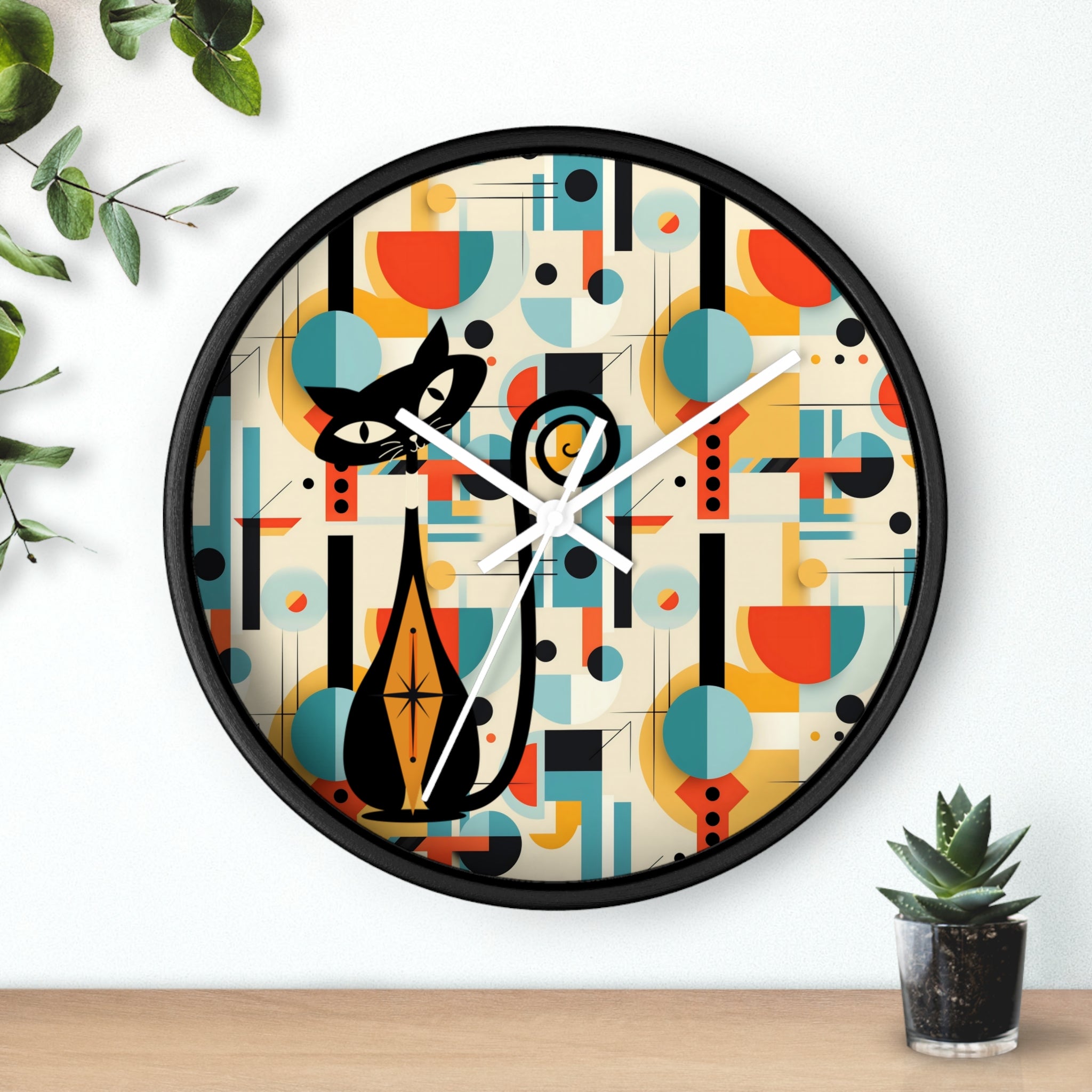 Atomic Cat Wall Clock, Bauhaus Designed Mid Century Modern Style Clock, MCM House Decor, Retro Style Cat Theme Clock - Mid Century Modern Gal