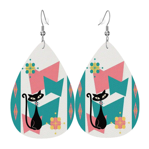 Atomic Kitschy Cat, Pink Teal Retro Vegan Leather Teardrop Earrings