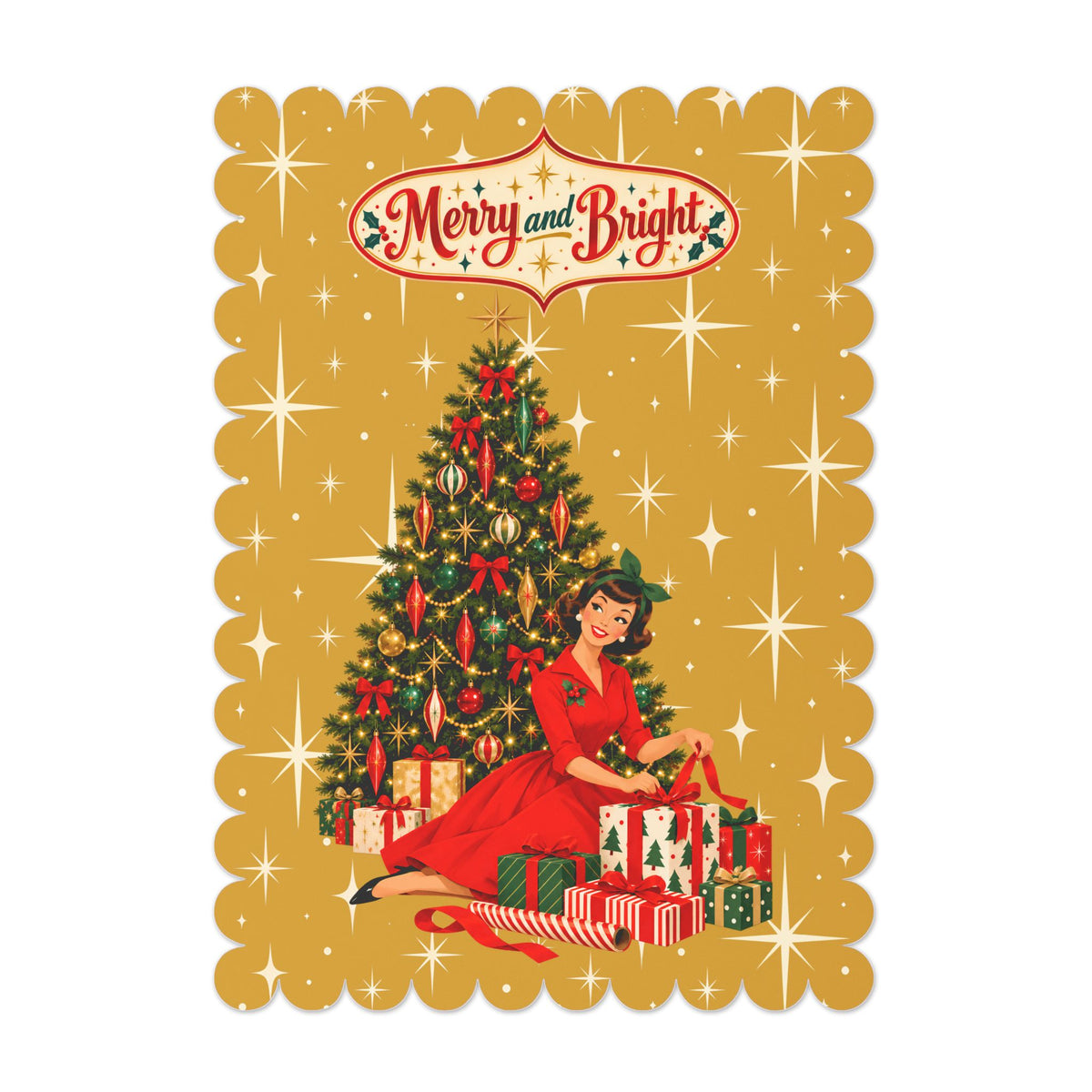 Mid Century Modern Christmas Glamour Gal Wrapping Presents by Tree, Gold Atomic Starbursts Flat Postcard Style Christmas Greeting Cards