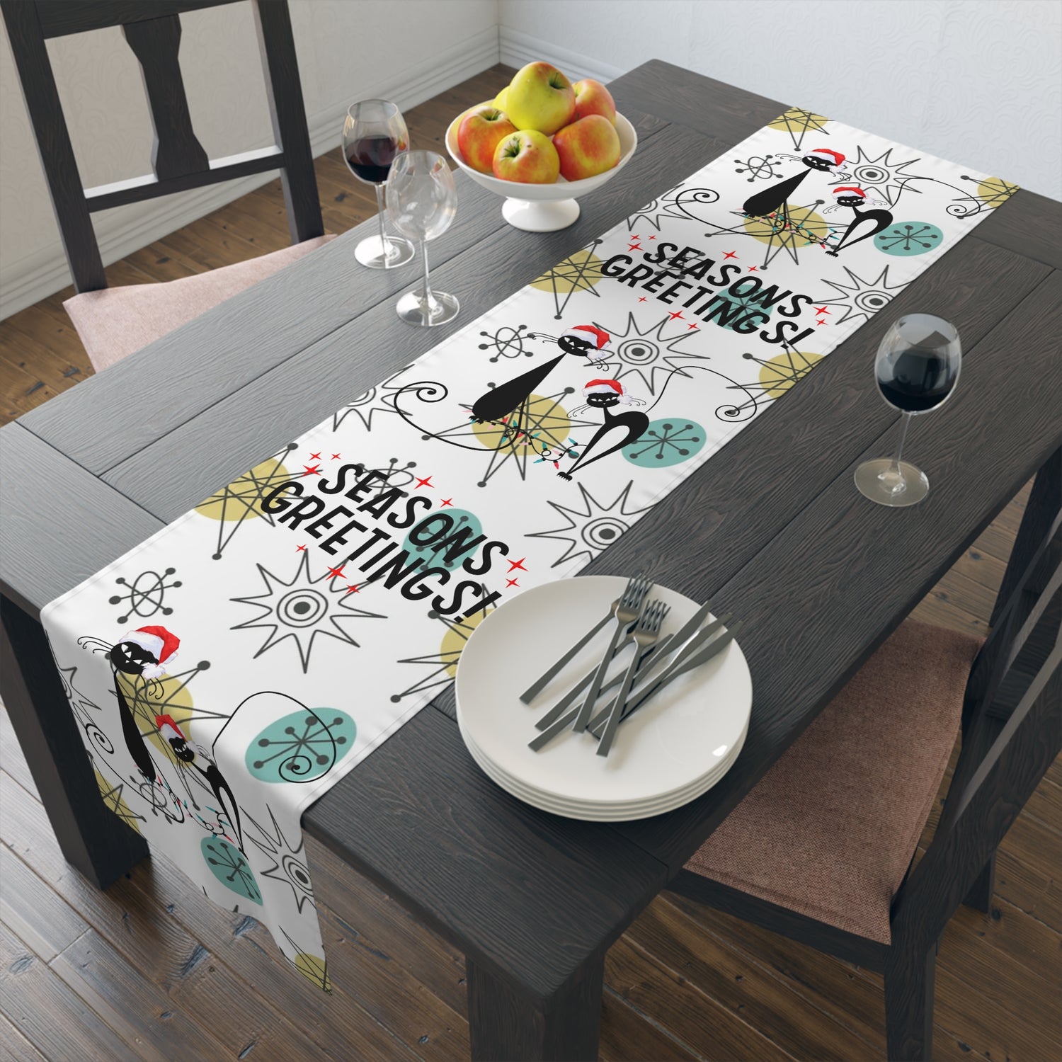 Mid Century Modern Franciscan Starburst, Kitschy 50s Atomic Cat Season Greetings Holiday Table Runner - Mid Century Modern Gal
