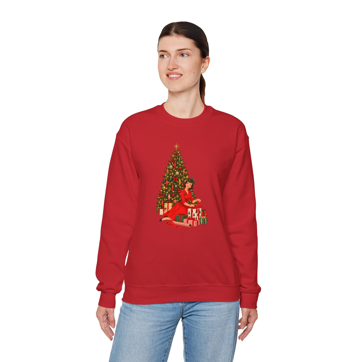 Mid Century Modern Christmas Glamour Gal Wrapping Presents by Tree Unisex Heavy Blend™ Crewneck Sweatshirt - Mid Century Modern Gal