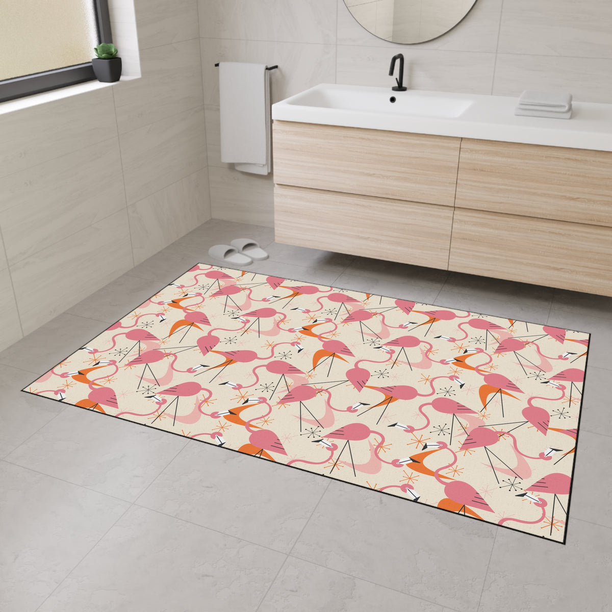Mid Century Modern Dancing Kitschy Quirky Flamingos Print Heavy Duty Floor Mat - Vibrant Indoor/Outdoor Rug for Home Décor - Mid Century Modern Gal