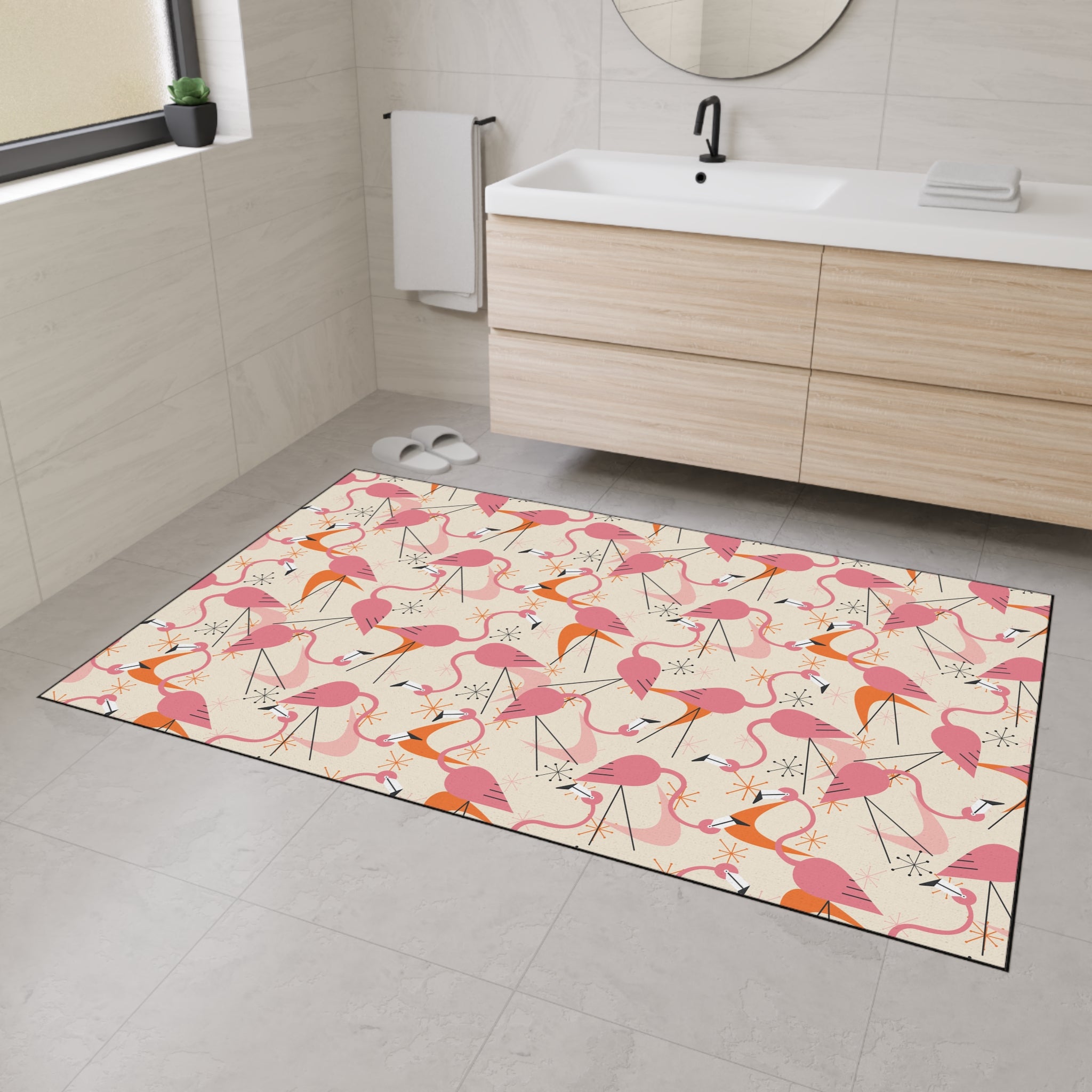 Mid Century Modern Dancing Kitschy Quirky Flamingos Print Heavy Duty Floor Mat - Vibrant Indoor/Outdoor Rug for Home Décor - Mid Century Modern Gal