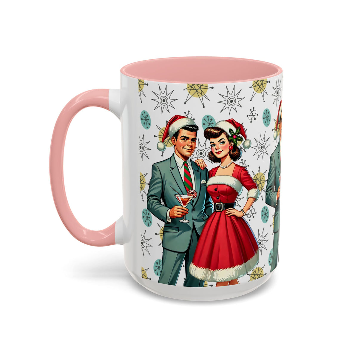 Mid Century Modern 50s Christmas mug featuring Franciscan Starburst pattern with retro couple in festive attire.