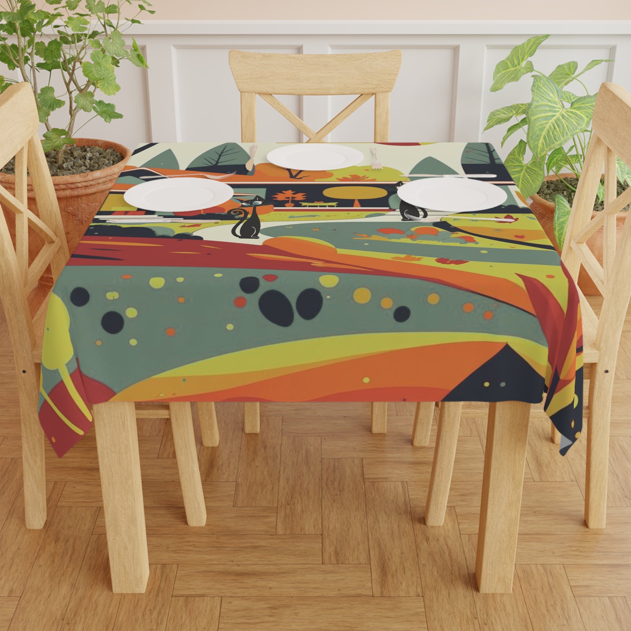 Scandinavian Fall Mid Century Modern Atomic Cat Kitschy Mod Seasonal Tablecloth - Mid Century Modern Gal