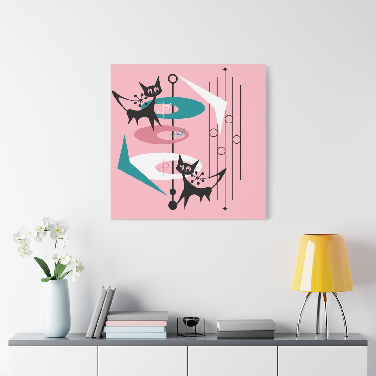 Atomic Cat Pink Abstract Minimalist Mid Century Modern Wall Canvas Art - Modern Geometric Wall Decor - Mid Century Modern Gal