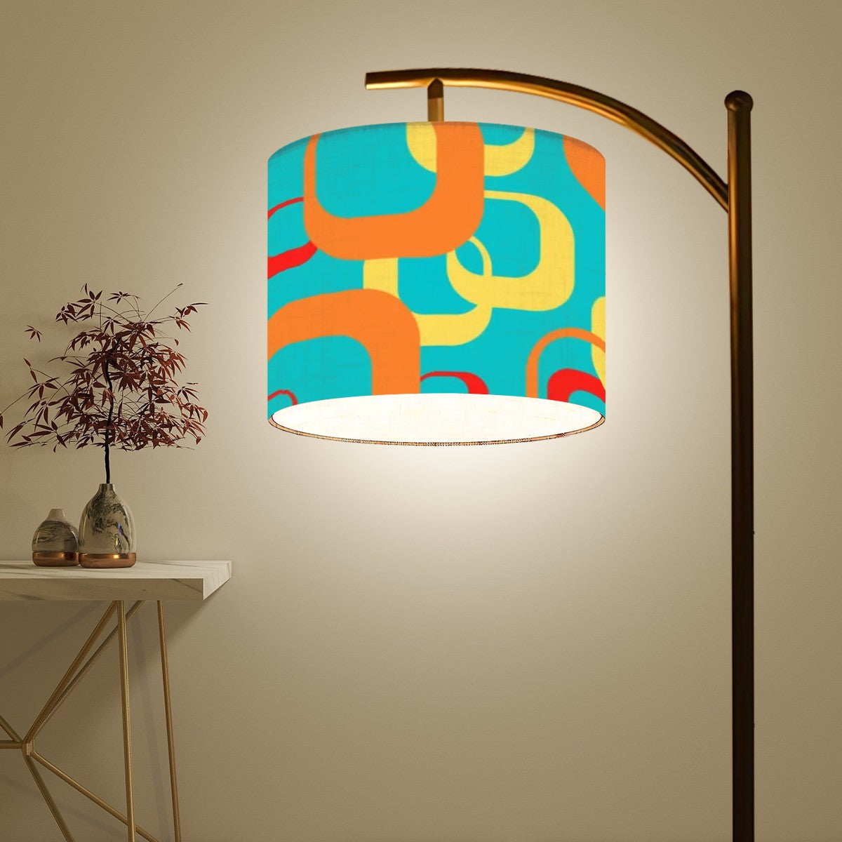 Mid Century Modern Aqua Blue, Orange Yellow, Geometric Designed Arc Floor Lamp - Mid Century Modern Gal