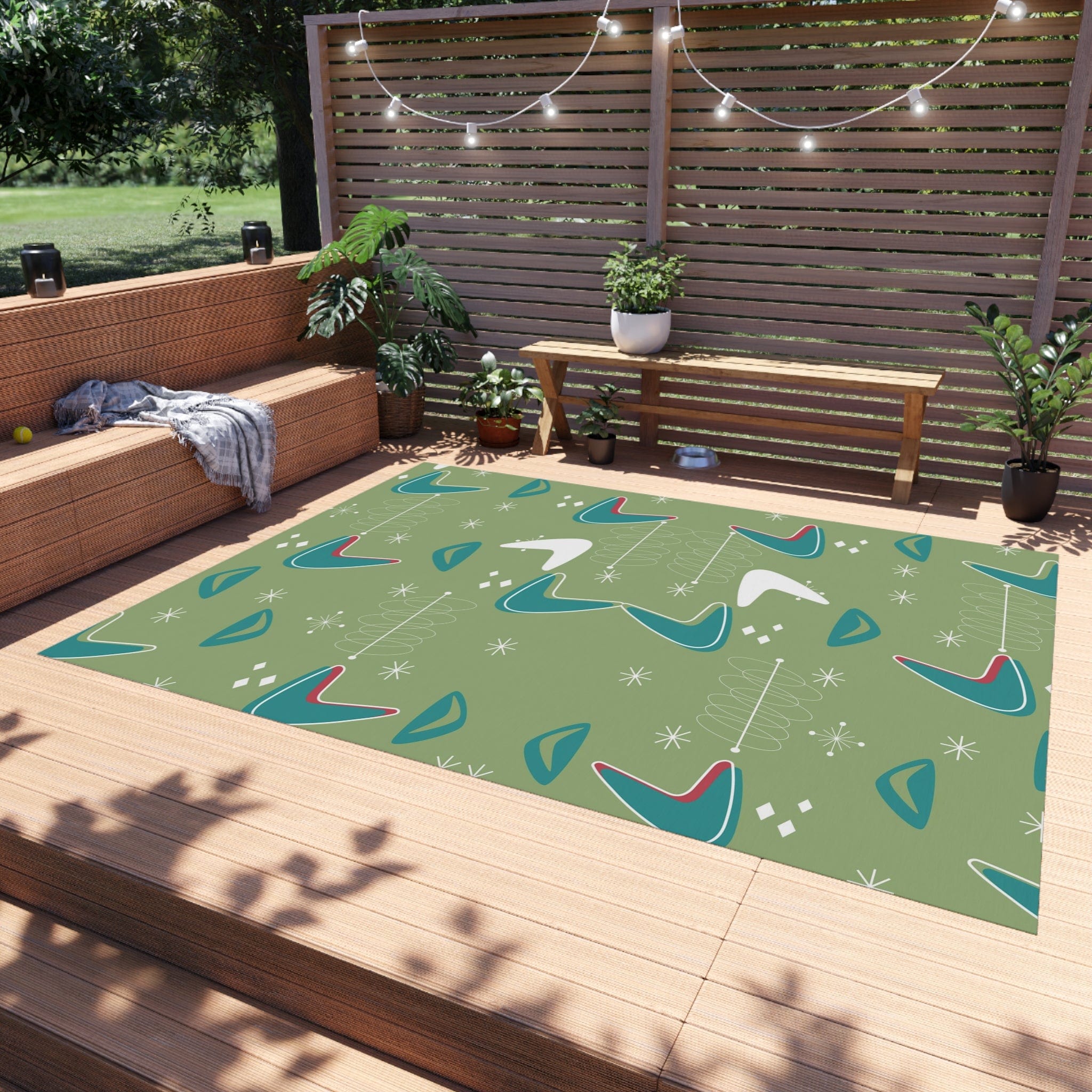 Mid Century Modern Designed, Boomerang Green, Teal, White, Mid Mod Atomic Space Indoor Outdoor Rug Home Decor 96" × 120"