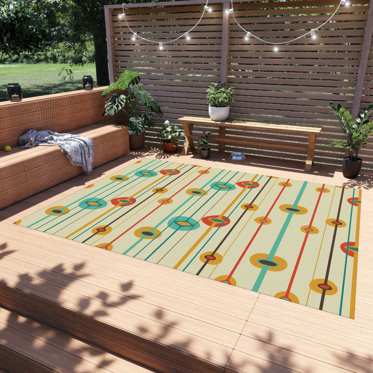 Mid Century Modern Geometric, MCM Indoor, Outdoor Rug, Teal, Aqua, Burnt Orange, Mustard Yellow, California, Florida Patio Rug Home Decor 96" × 120"