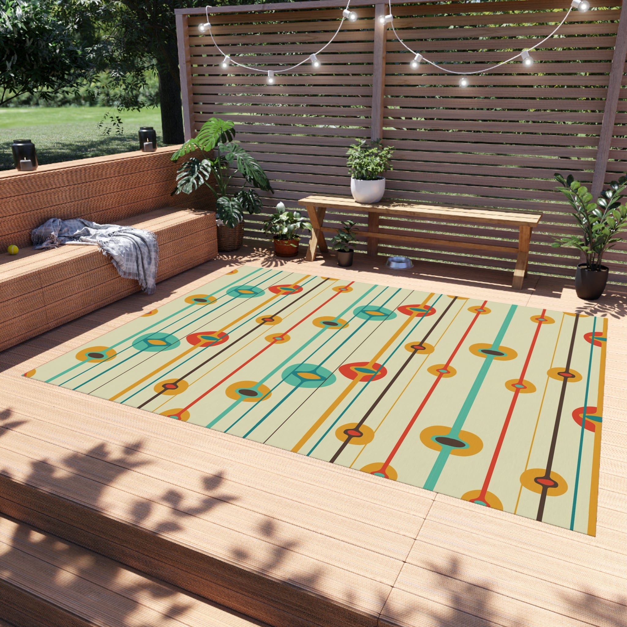 Mid Century Modern Geometric, MCM Indoor, Outdoor Rug, Teal, Aqua, Burnt Orange, Mustard Yellow, California, Florida Patio Rug Home Decor 96" × 120"