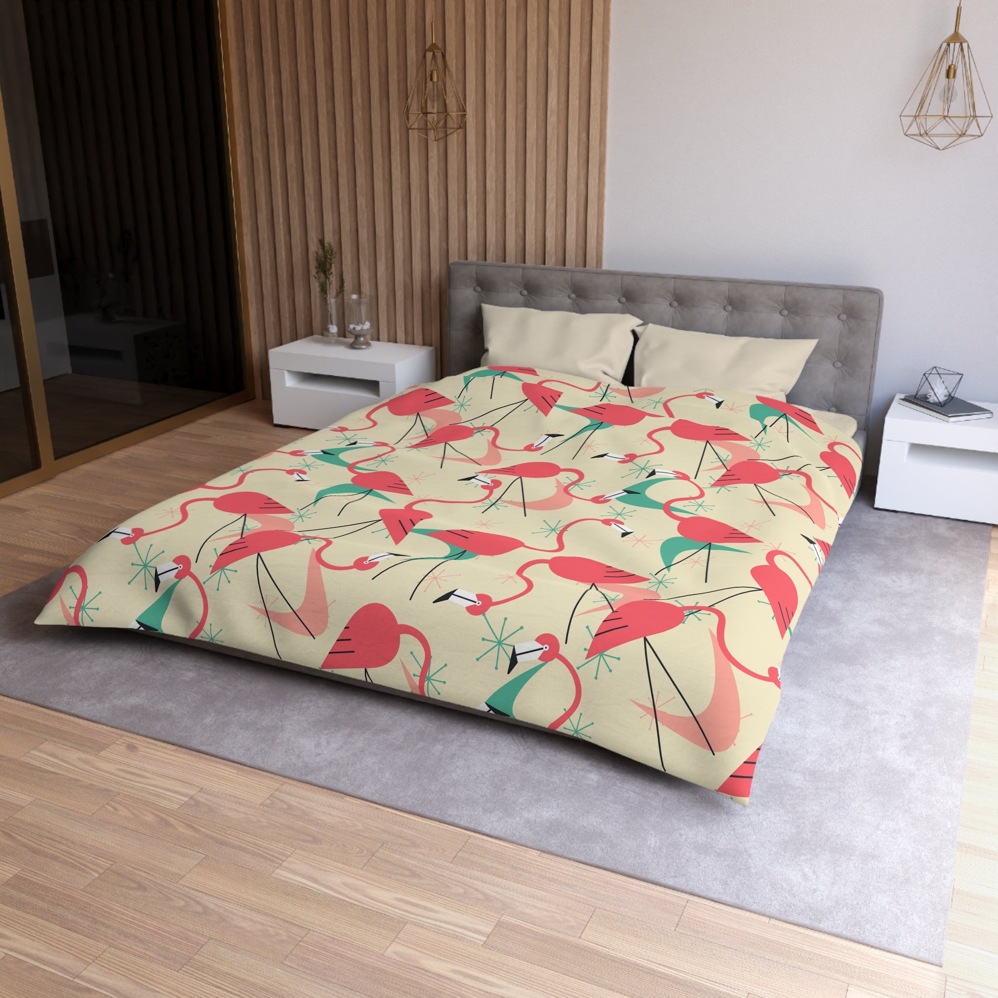 Palm Springs California Kitschy Quirky Dancing Tropical Flamingos Duvet Cover - Fun Summer Bedding - Mid Century Modern Gal
