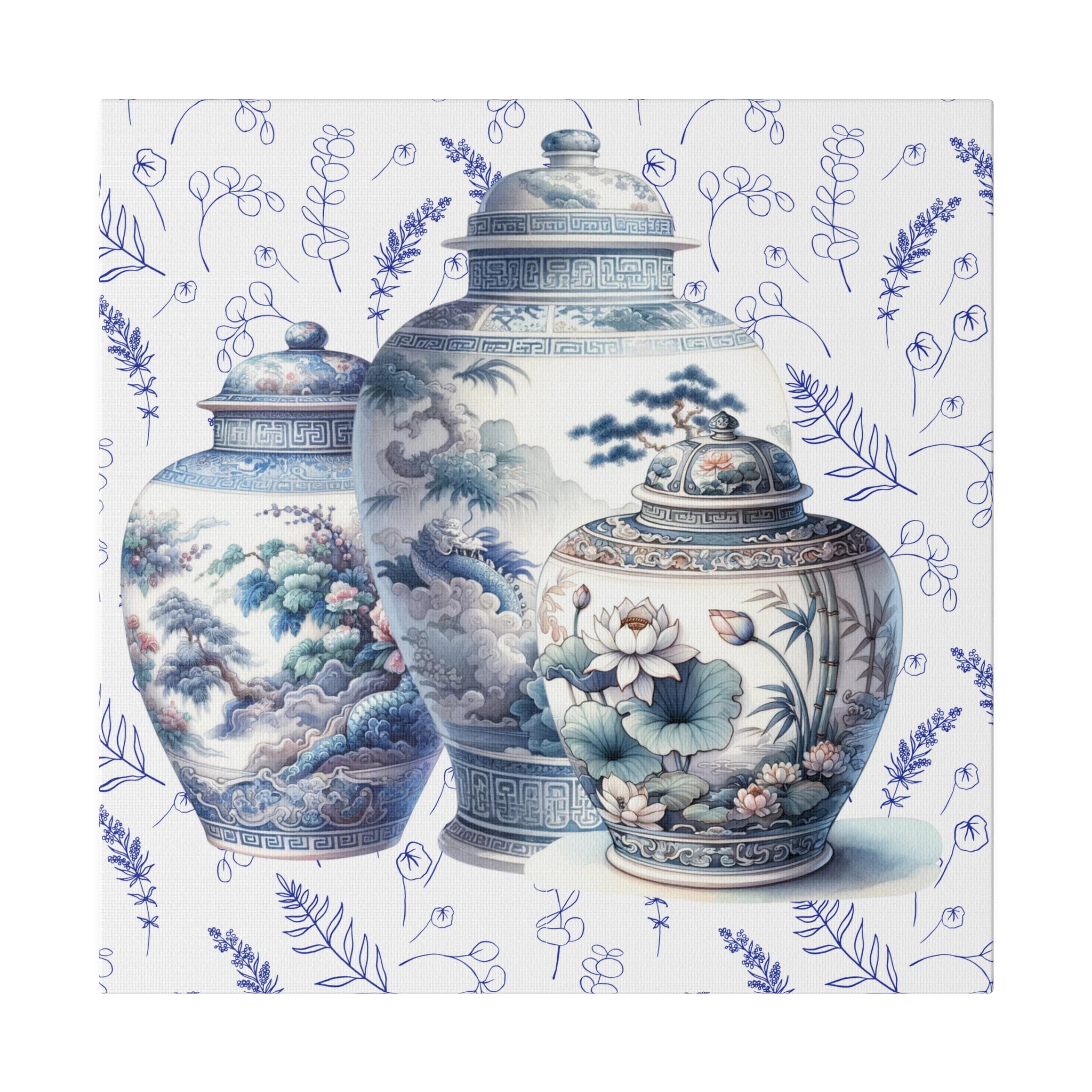 Chinoisere Wall Art, Set Of Three Ginger Jars In Watercolor, Pastels, Southern Home Living, Matte Canvas - Mid Century Modern Gal
