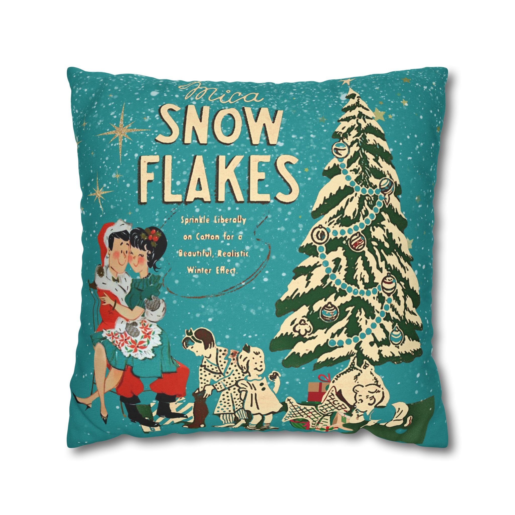50s Mica Snow Christmas Pillow, Kitschy Mod Couple, Festive Fun Pillow Cover - Mid Century Modern Gal