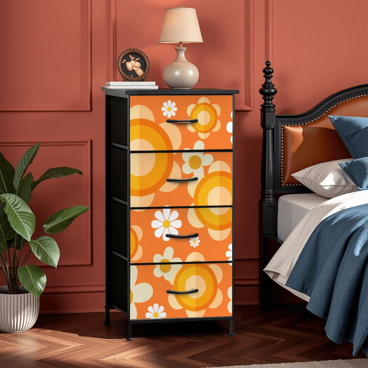 Flower Power Orange Groovy Mod 4-Drawer Dresser - Mid Century Modern Gal