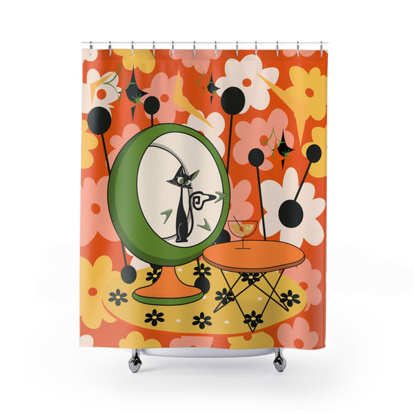 Mid-Century Modern Cat Retro Summer Vibes, Kitschy Mod Shower Curtain - Retro Floral Design