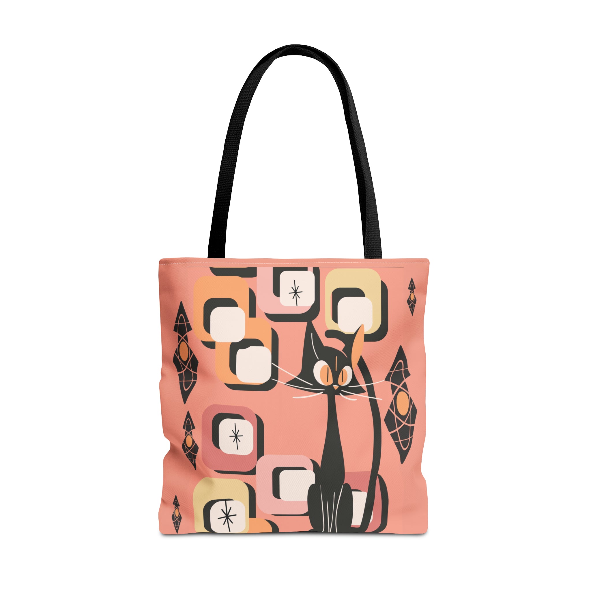 Atomic Cat Tote Bag, Coral Color, Mid Century Modern Geometric Designs, Mid Mod Retro Apparel - Mid Century Modern Gal
