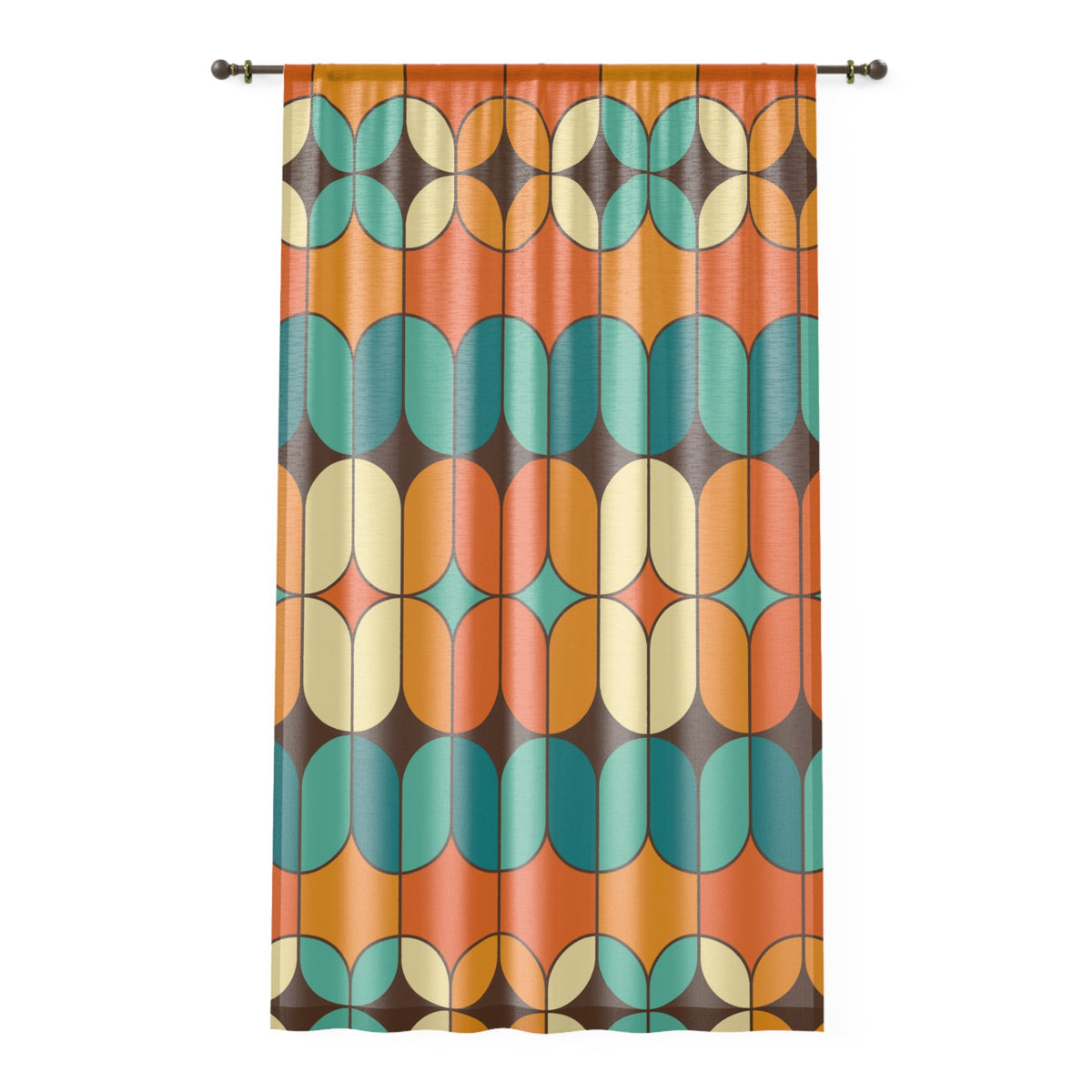Mid Mod Geometric Bold Beautiful, Orange Teal, Sheer Atomic Living Window Curtain - Mid Century Modern Gal