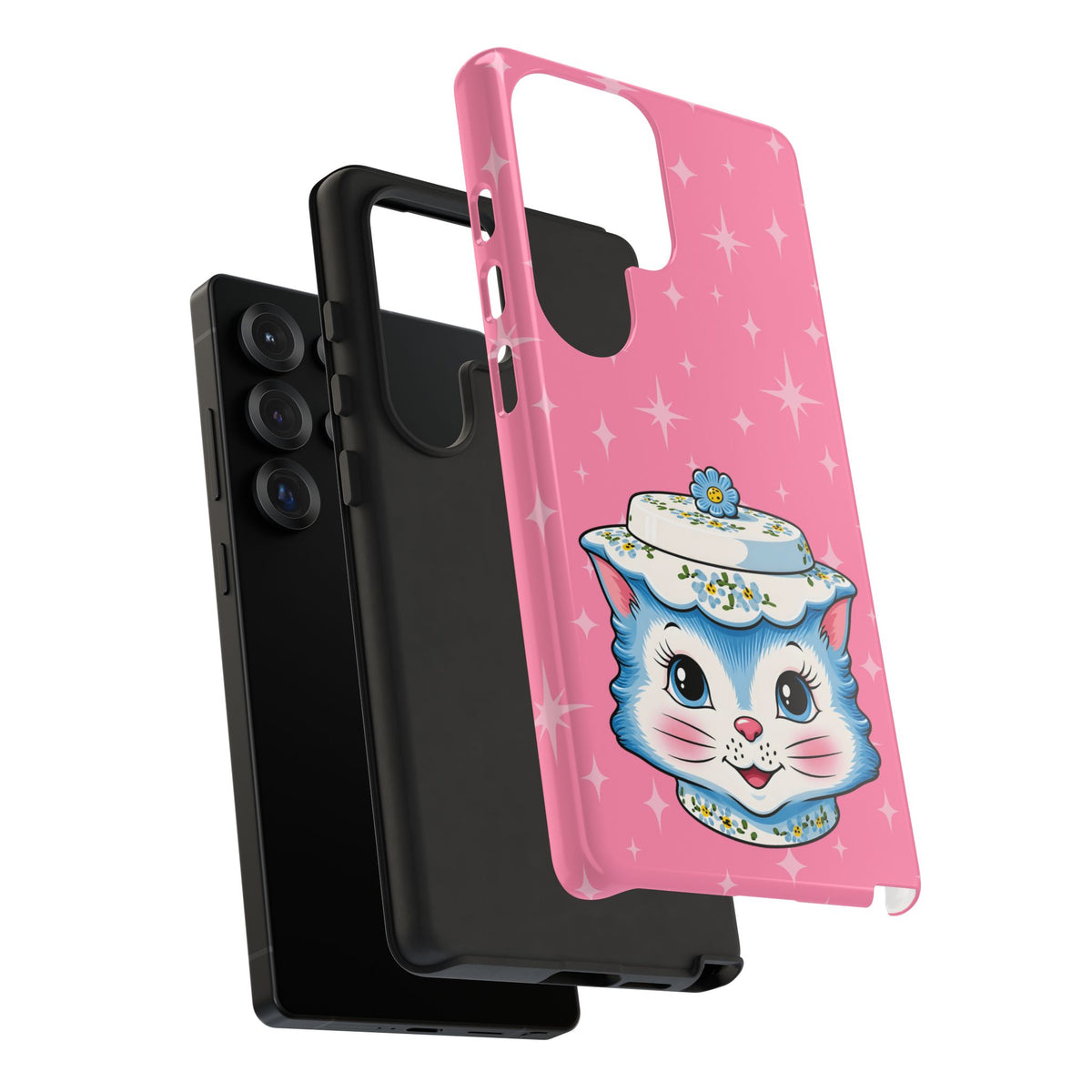 Mid Century Modern Kitschy Anthropomorphic Blue Cat with Floral Hat Tough Phone Case