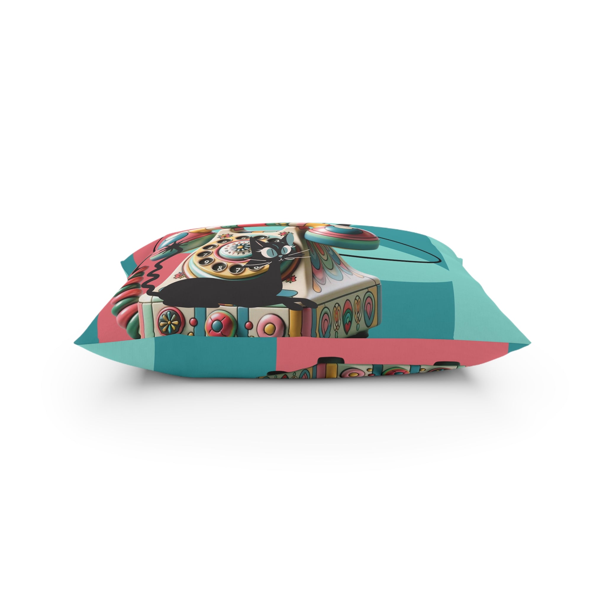 Atomic Cat Quirky Retro Rotary Phone, Kitschy Mid Mod, Pink, Aqua, Teal Broadcloth Pillow - Mid Century Modern Gal