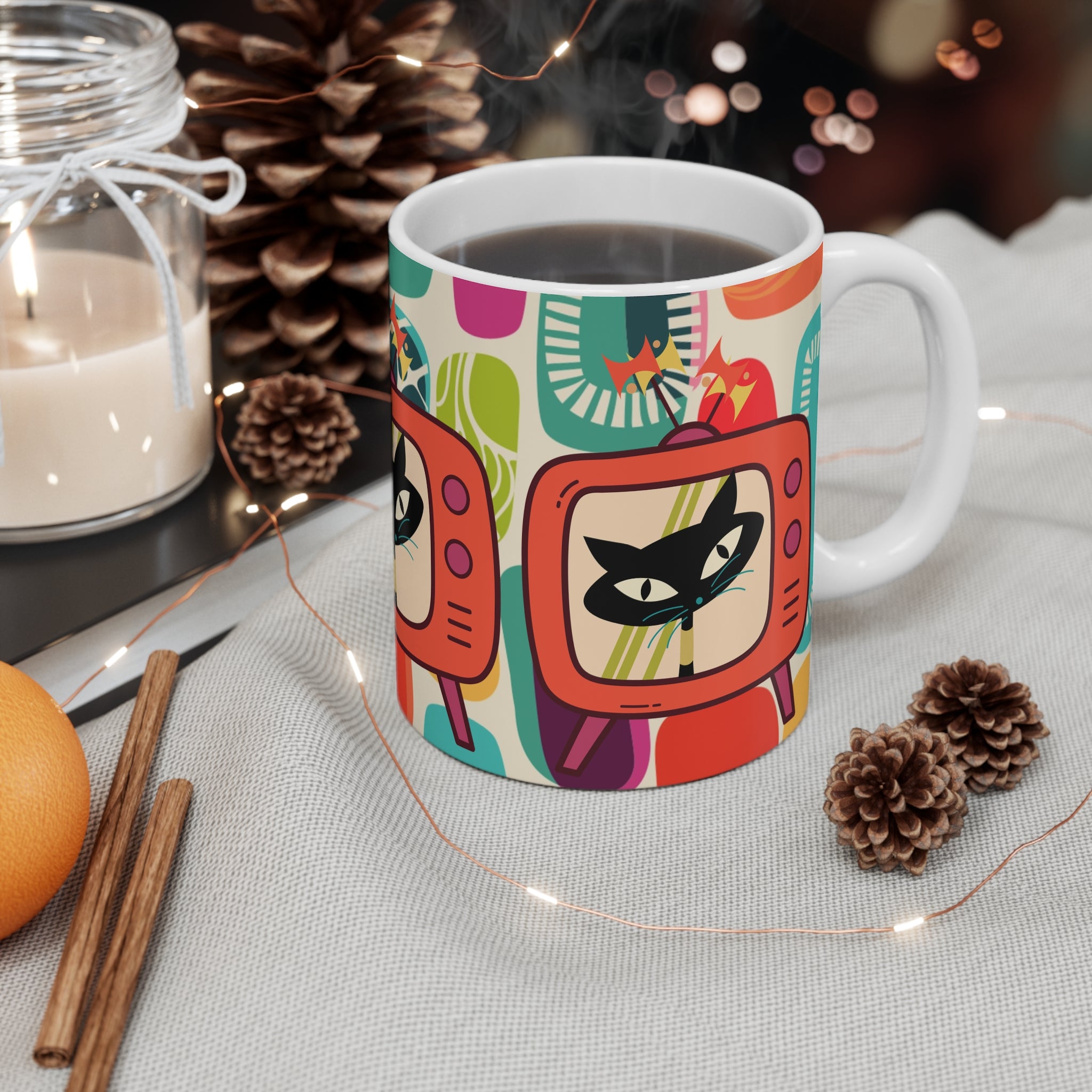 Retro Cat TV Mug, Quirky Coffee Cup for Cat Lovers, Fun Home Decor, Colorful Gift for Birthdays, Housewarming, Pet Owners, Tea Drinkers - Mid Century Modern Gal
