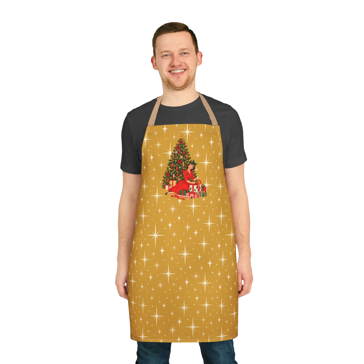 Mid Century Modern Christmas Glamour Gal Wrapping Presents by Tree, Gold Atomic Starbursts Apron