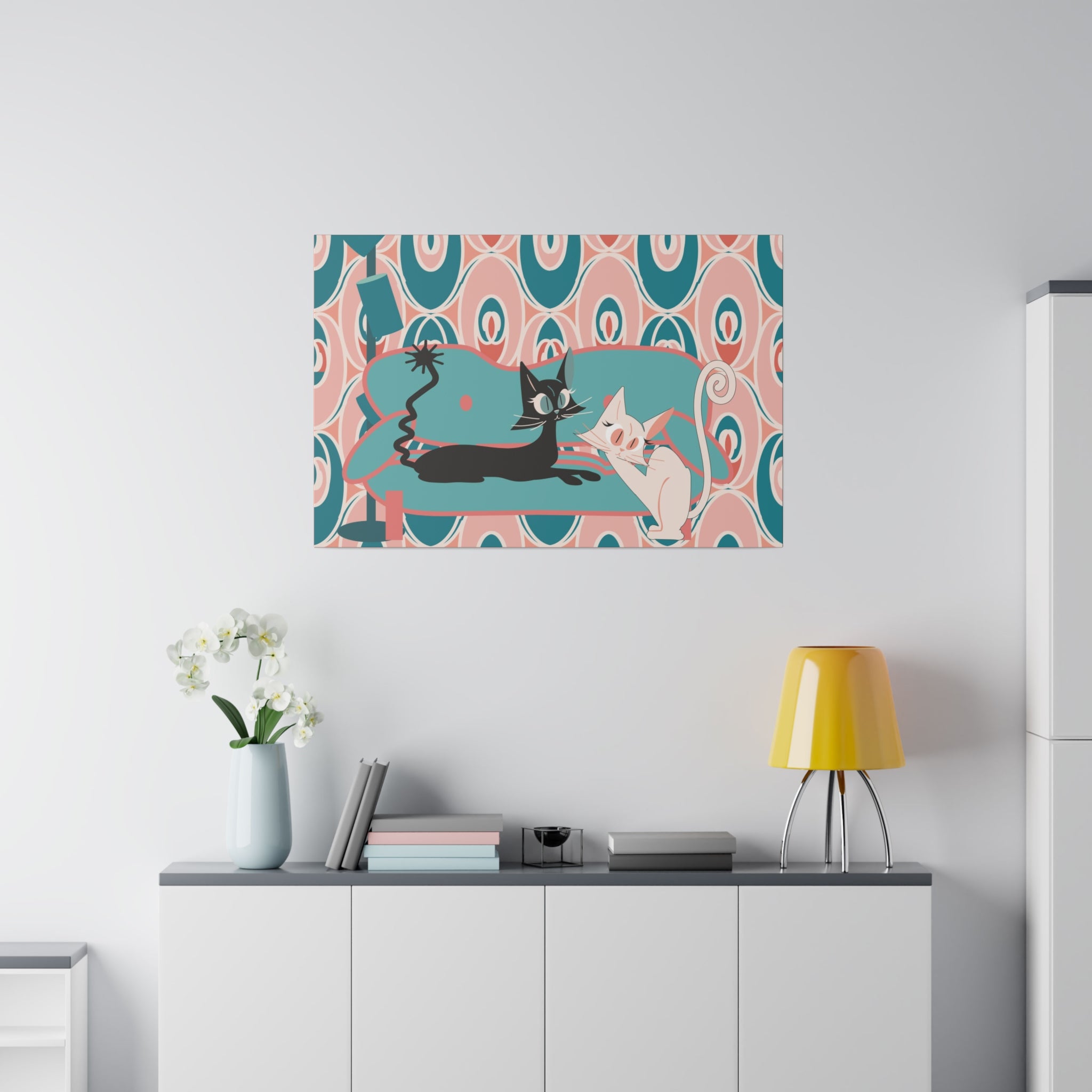Atomic Cat Wall Art, Teak, Pink, Mid Century Modern Wall Art - Mid Century Modern Gal